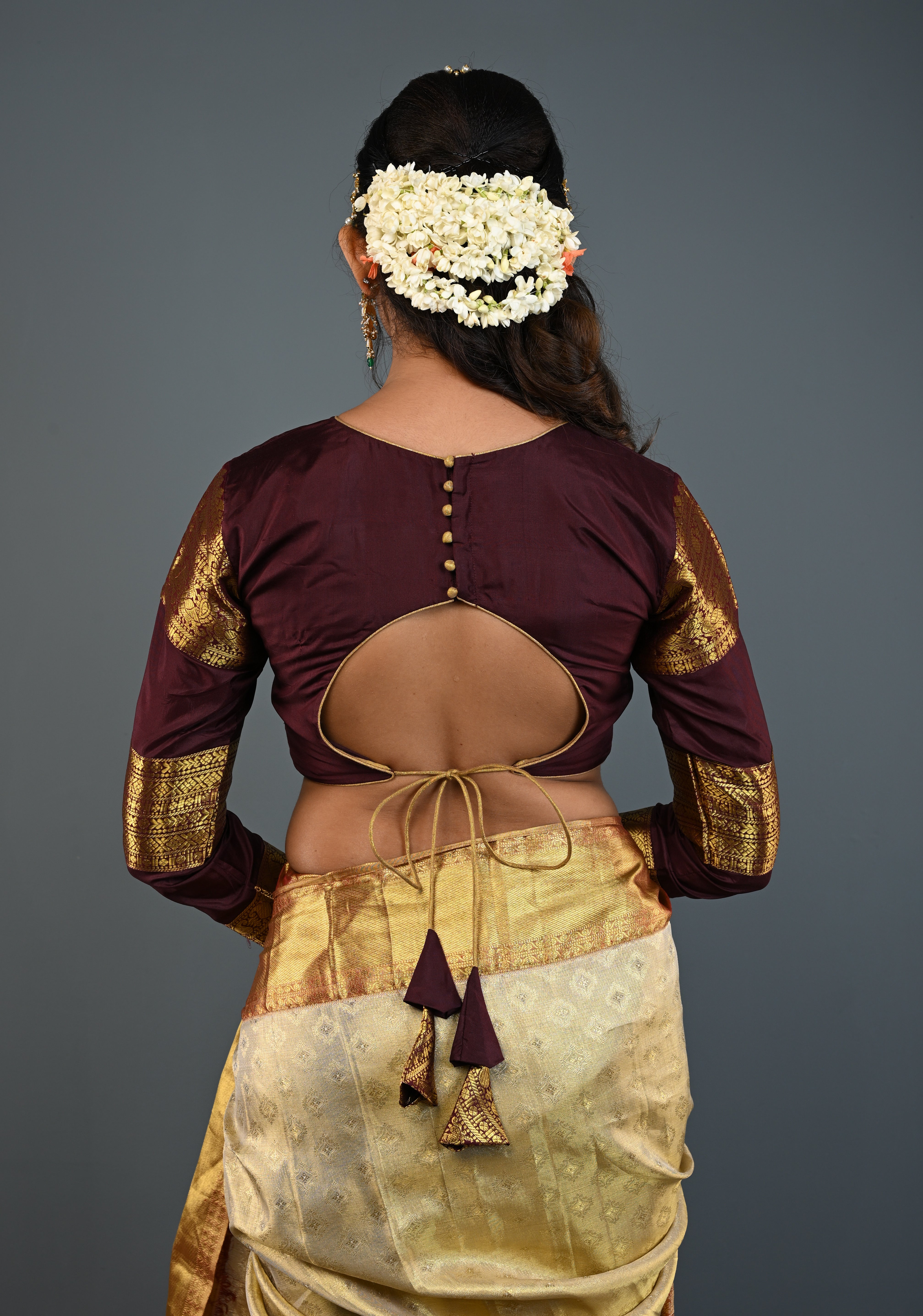 Chocolate Brown Pure Silk Blouse with 3 Zari Panels Full Sleeves and Boat Neck, Customizable, Made to Order | Shobitam