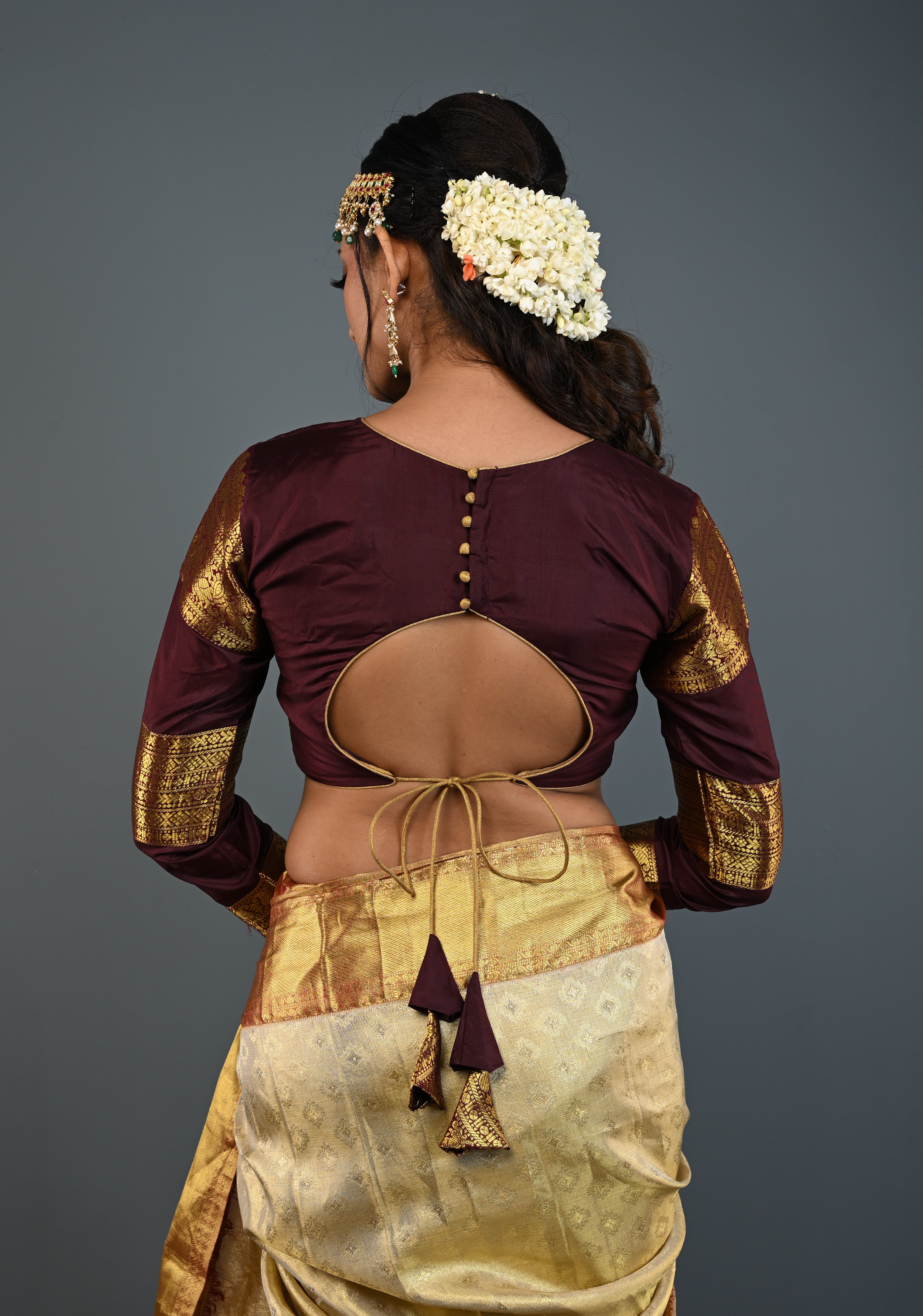 Chocolate Brown Pure Silk Blouse with 3 Zari Panels Full Sleeves and Boat Neck, Customizable, Made to Order | Shobitam