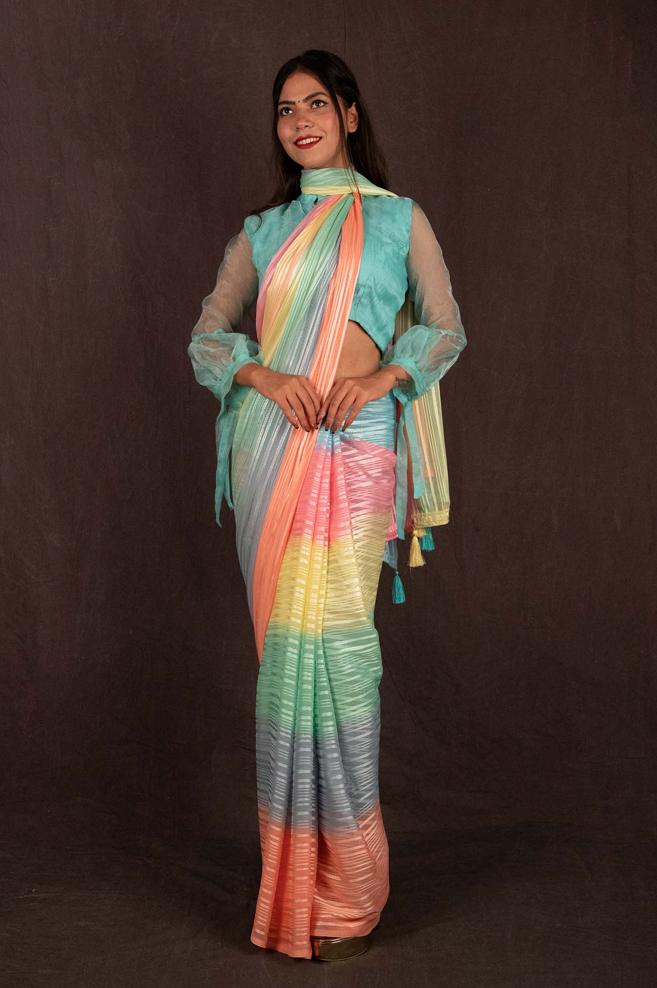 Ready To Wear Multicolor  Striped Georgette With Tassel on Pallu  Wrap in 1 minute saree - Isadora Life
