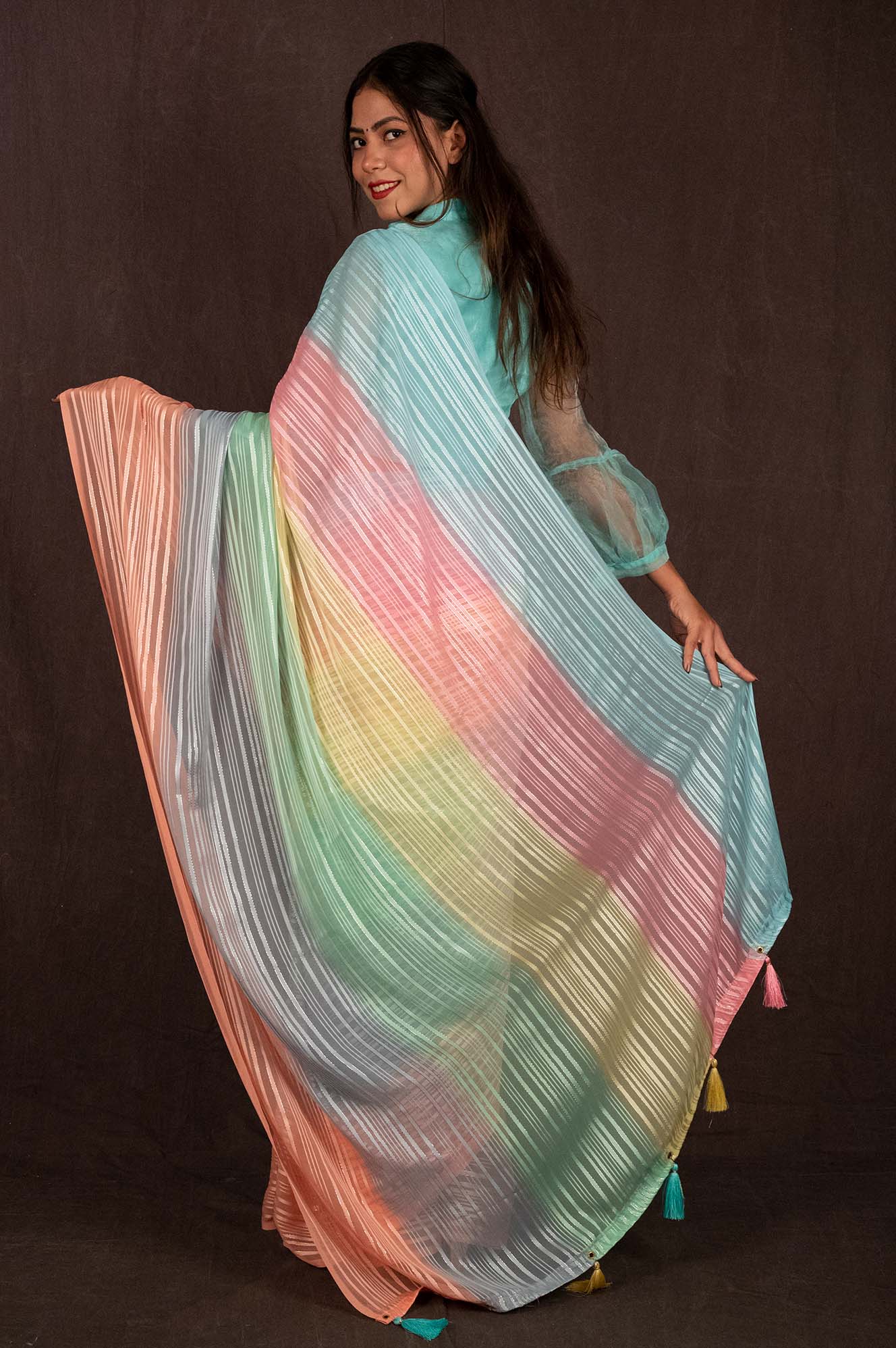 Ready To Wear Multicolor  Striped Georgette With Tassel on Pallu  Wrap in 1 minute saree - Isadora Life