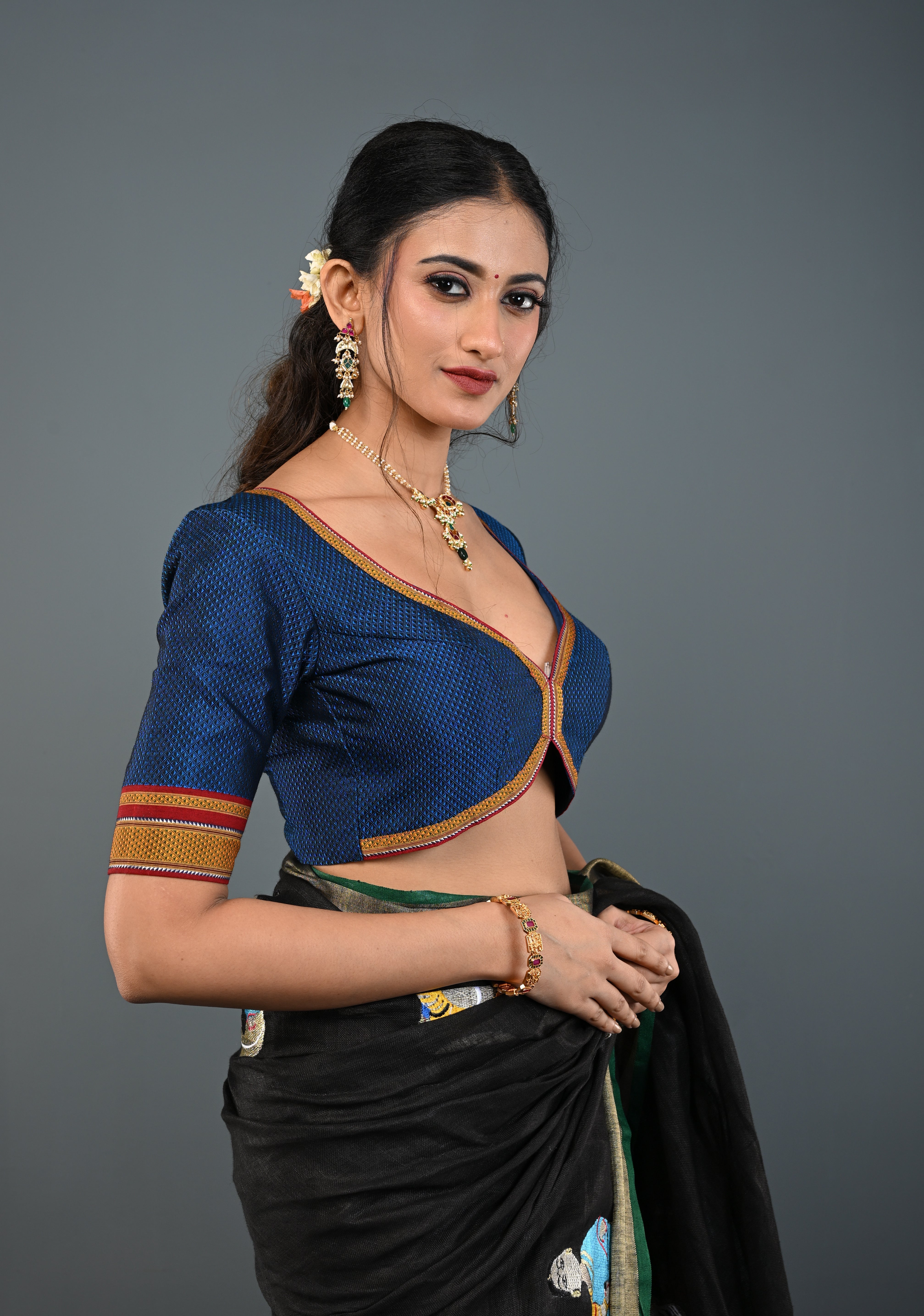 Blue-Black Khana Silk Blouse with V Neck and Cutout Design on Back, Customizable, Made to Order | Shobitam