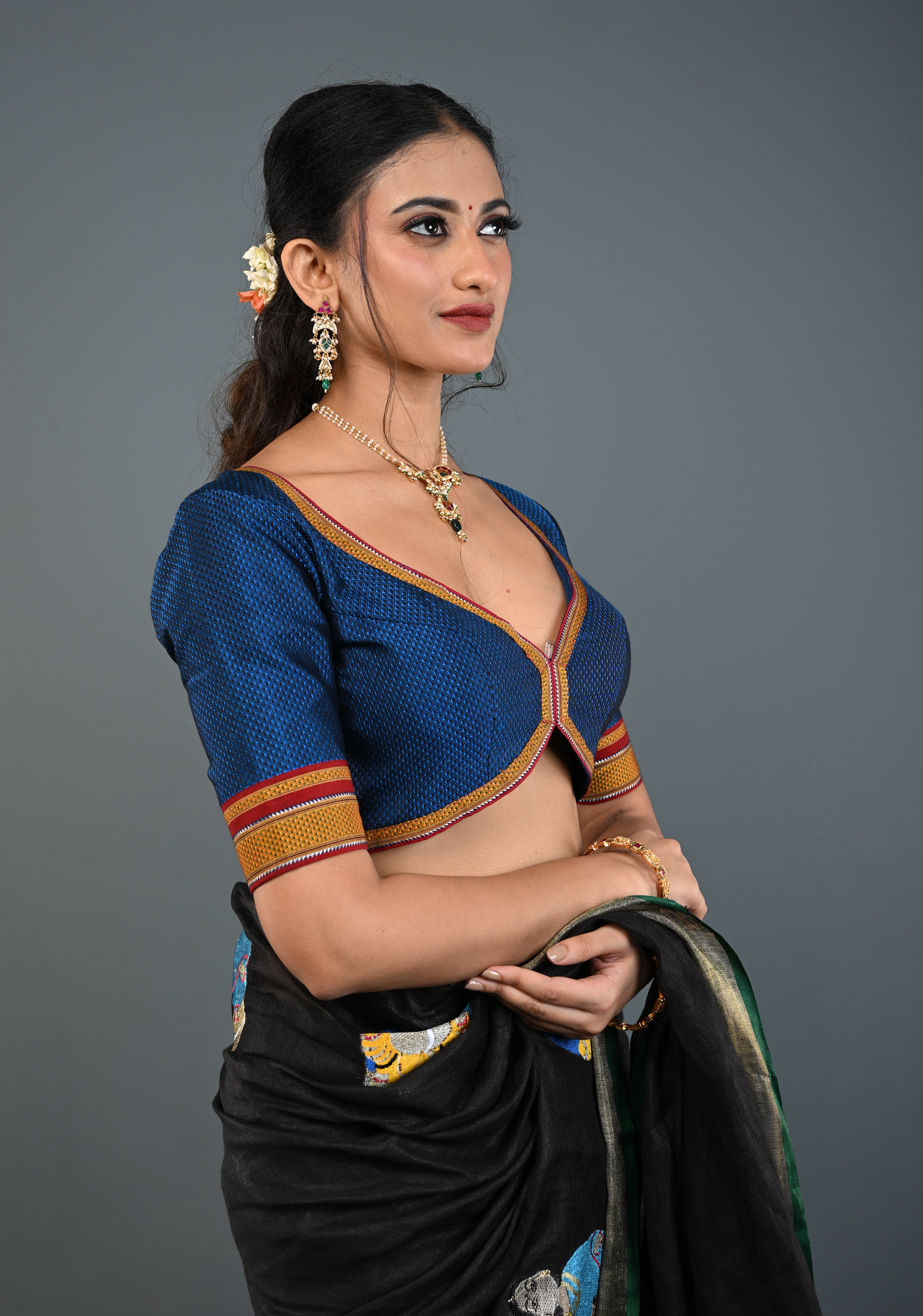 Blue-Black Khana Silk Blouse with V Neck and Cutout Design on Back, Customizable, Made to Order | Shobitam