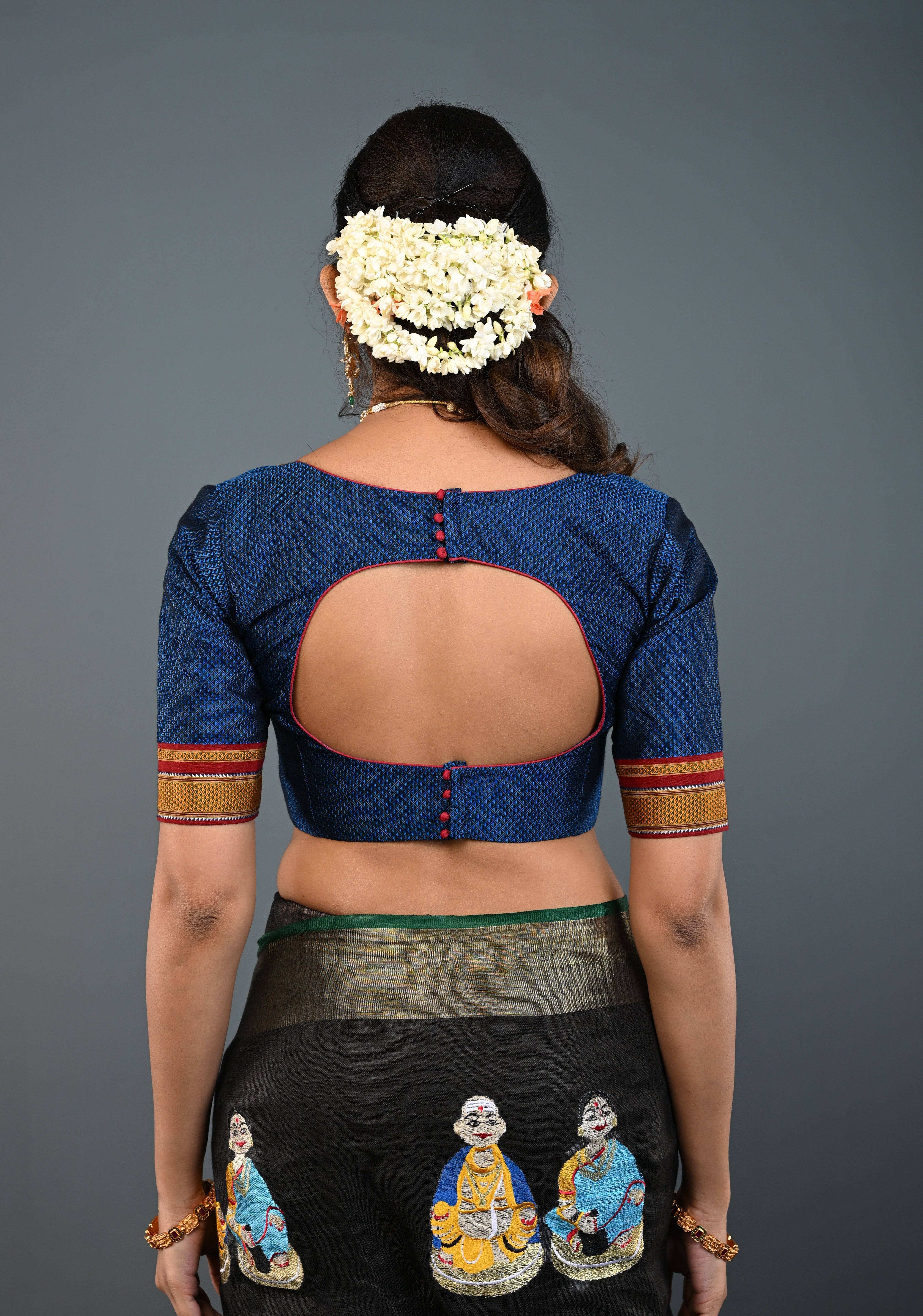 Blue-Black Khana Silk Blouse with V Neck and Cutout Design on Back, Customizable, Made to Order | Shobitam
