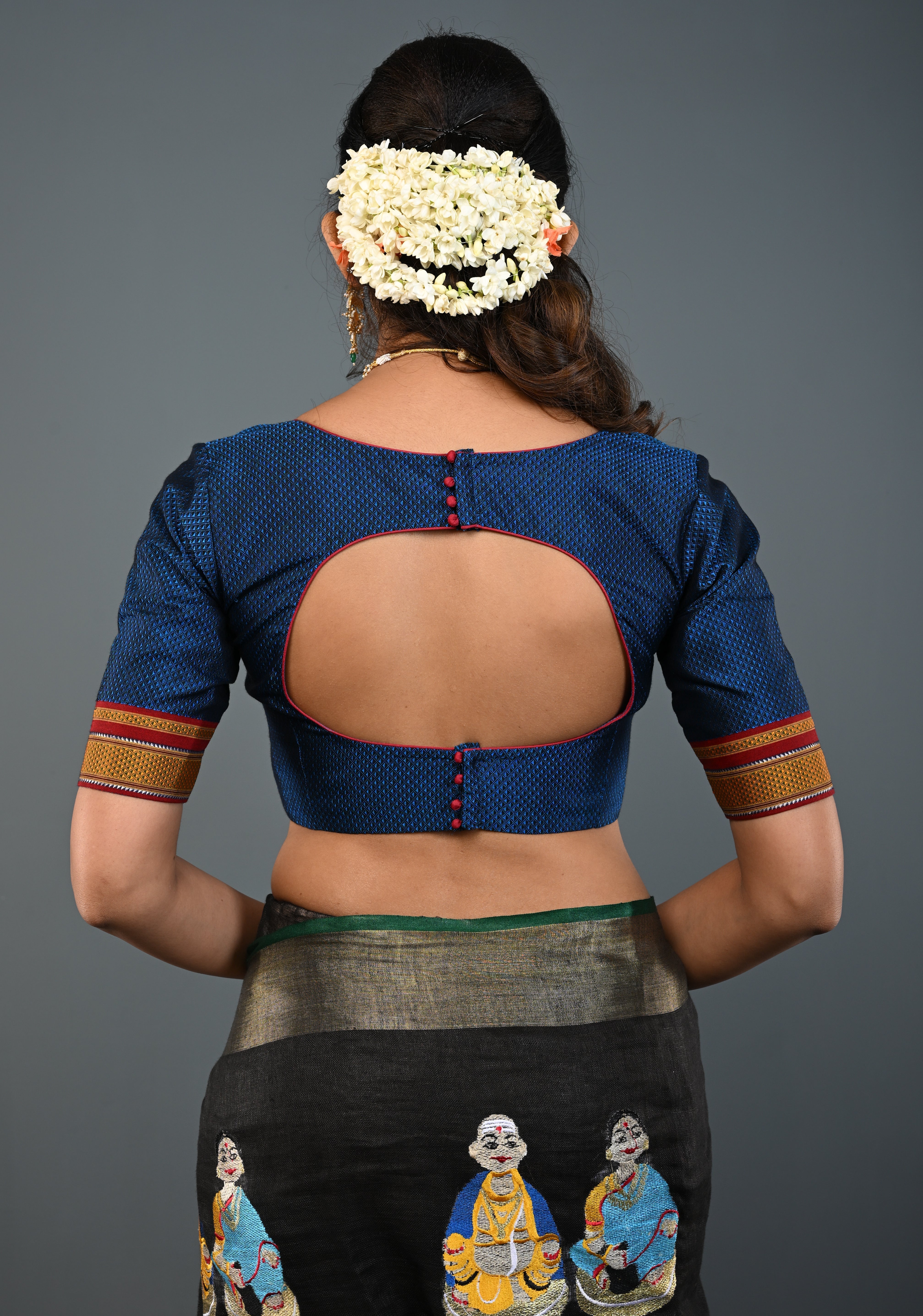 Blue-Black Khana Silk Blouse with V Neck and Cutout Design on Back, Customizable, Made to Order | Shobitam