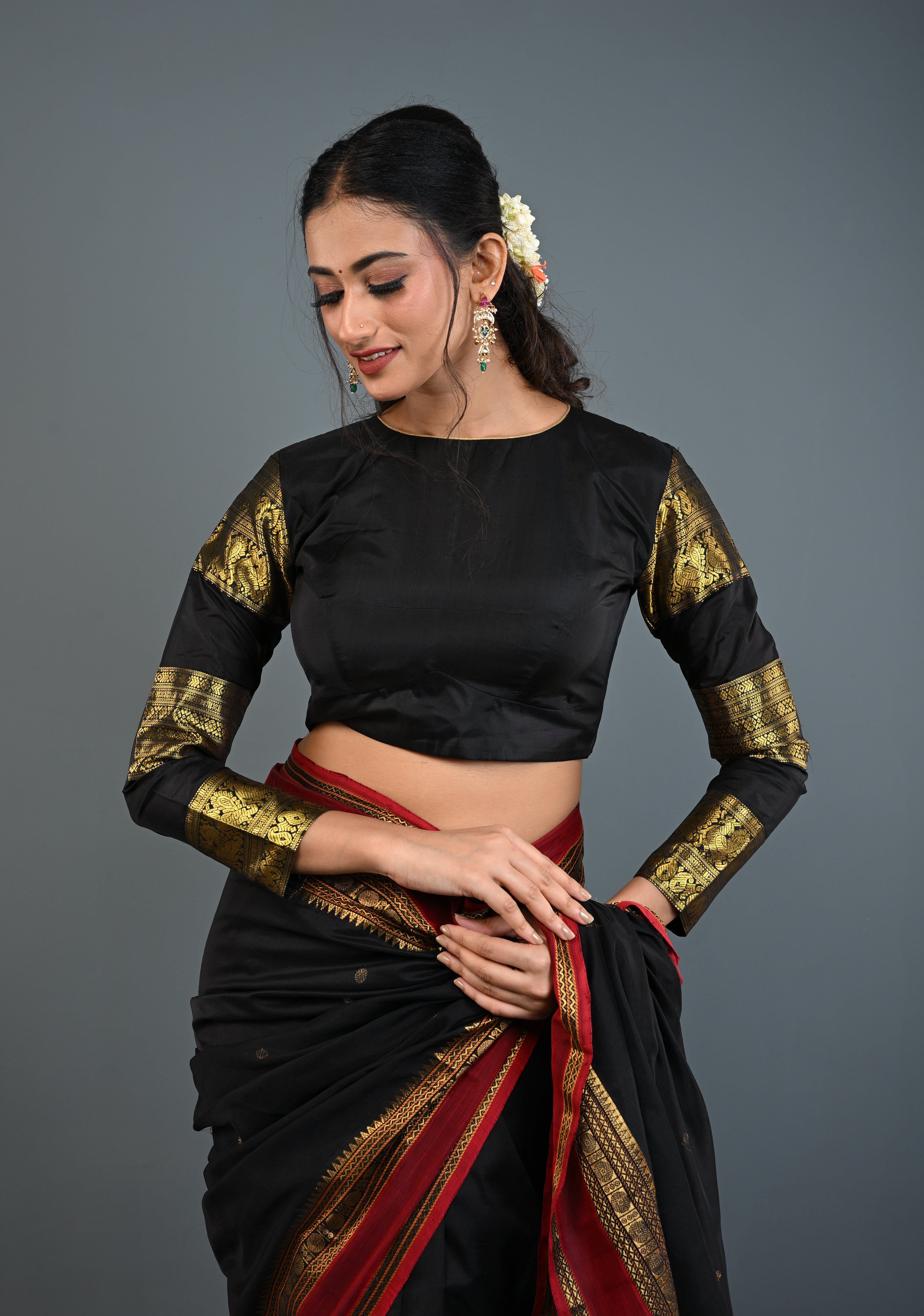 Black Pure Silk 3 Zari Panels Full Sleeves Blouse with Boat Neck and Potli Buttons, Customizable, Made to Order | Shobitam