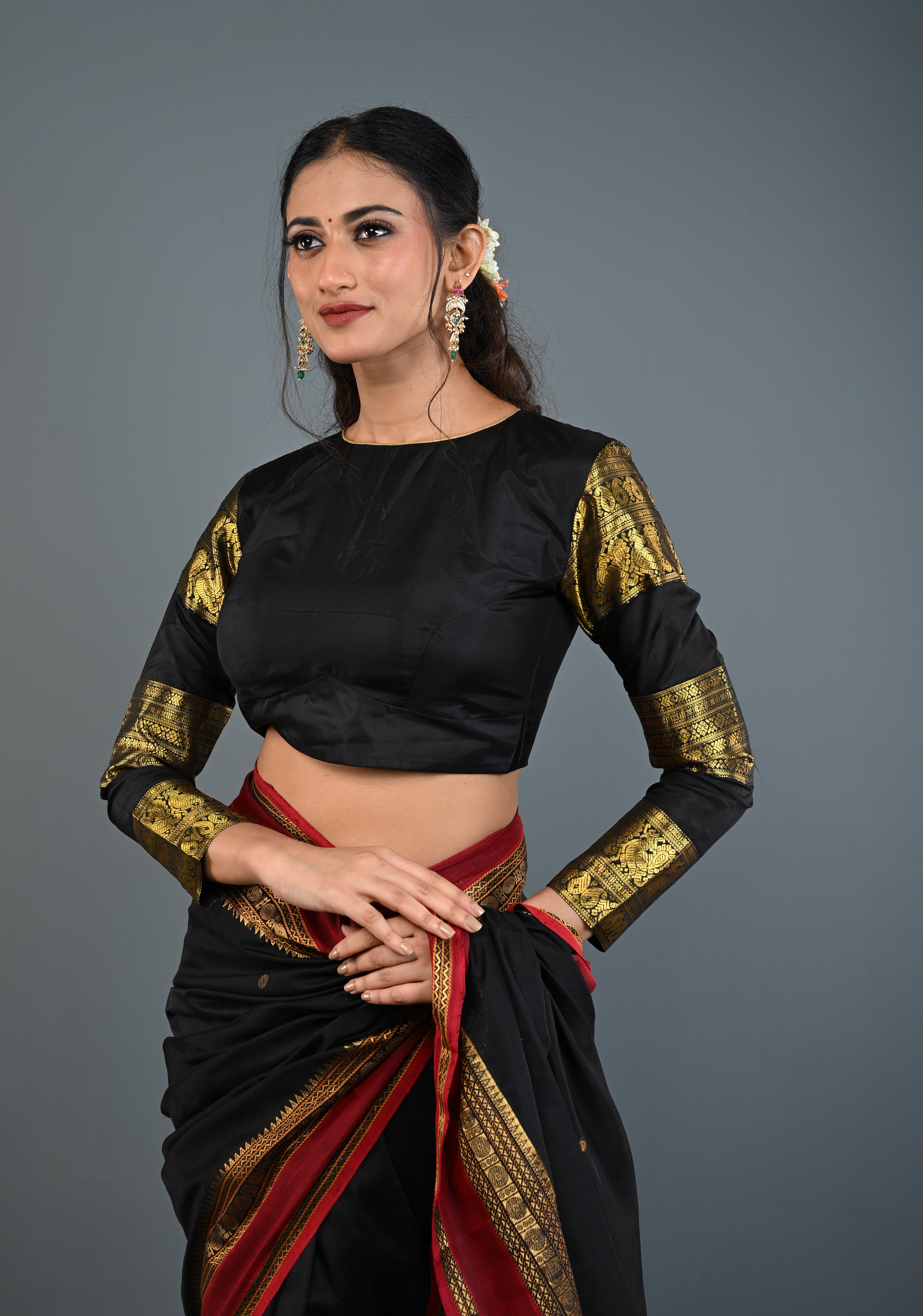Black Pure Silk 3 Zari Panels Full Sleeves Blouse with Boat Neck and Potli Buttons, Customizable, Made to Order | Shobitam