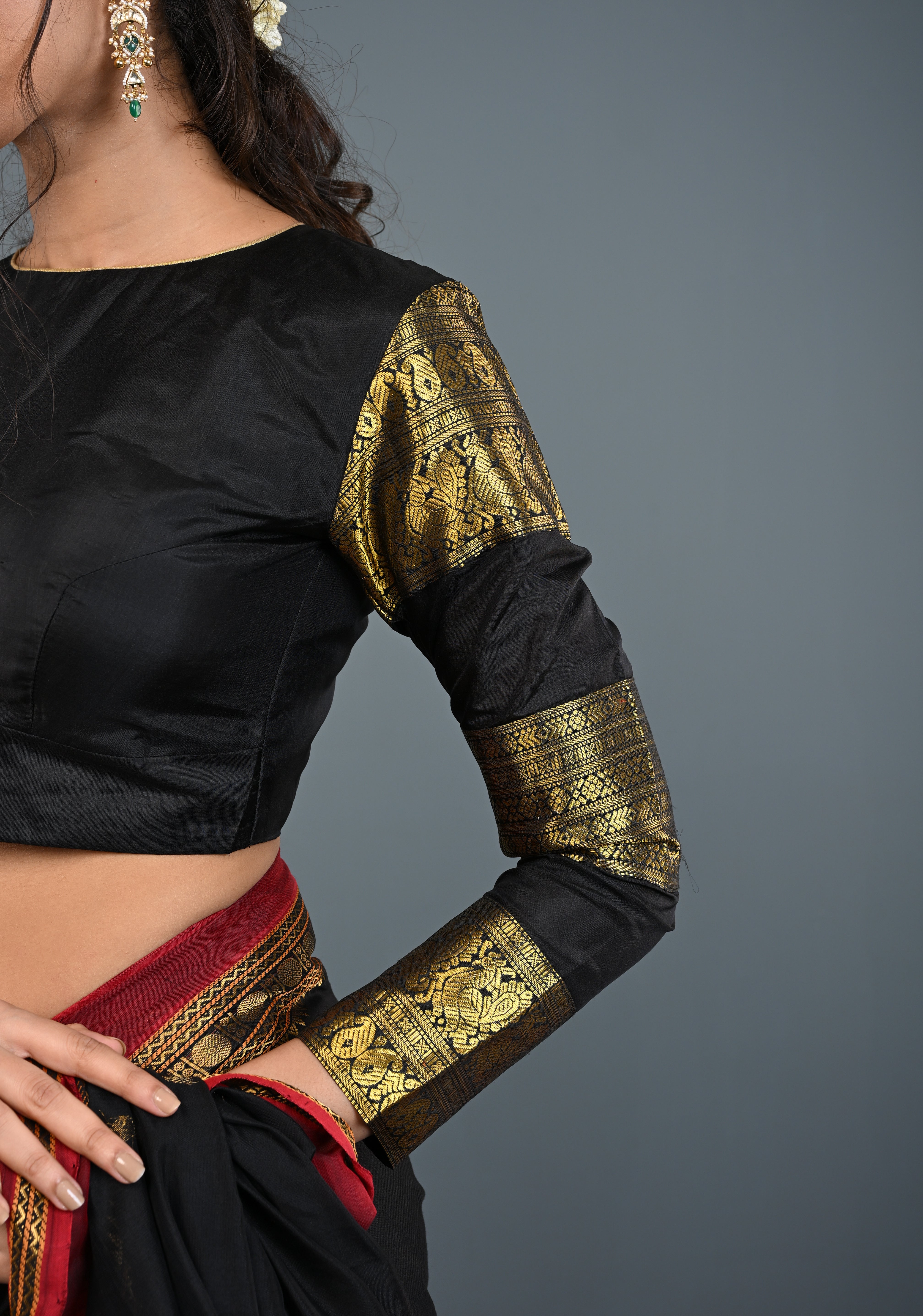 Black Pure Silk 3 Zari Panels Full Sleeves Blouse with Boat Neck and Potli Buttons, Customizable, Made to Order | Shobitam