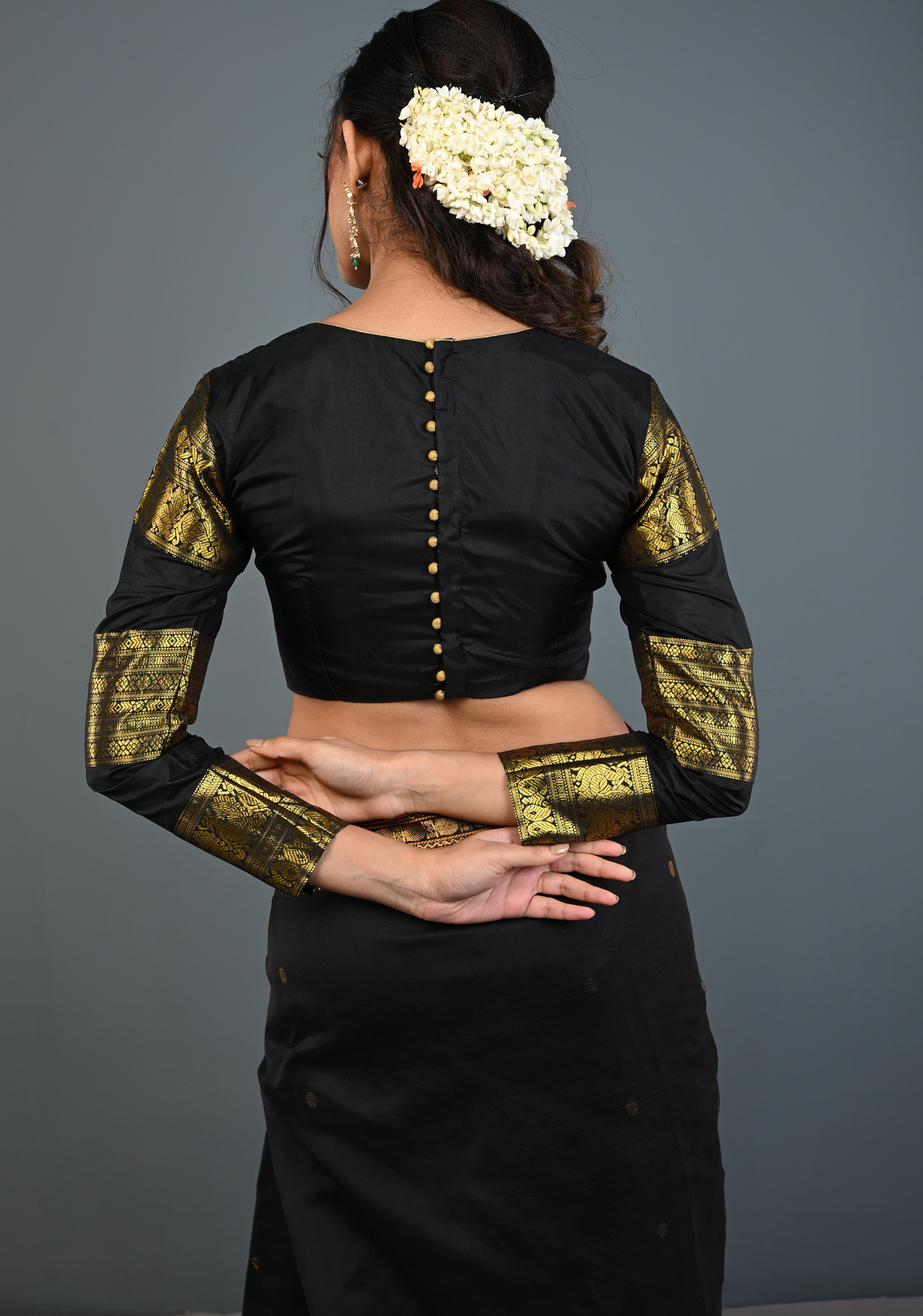 Black Pure Silk 3 Zari Panels Full Sleeves Blouse with Boat Neck and Potli Buttons, Customizable, Made to Order | Shobitam