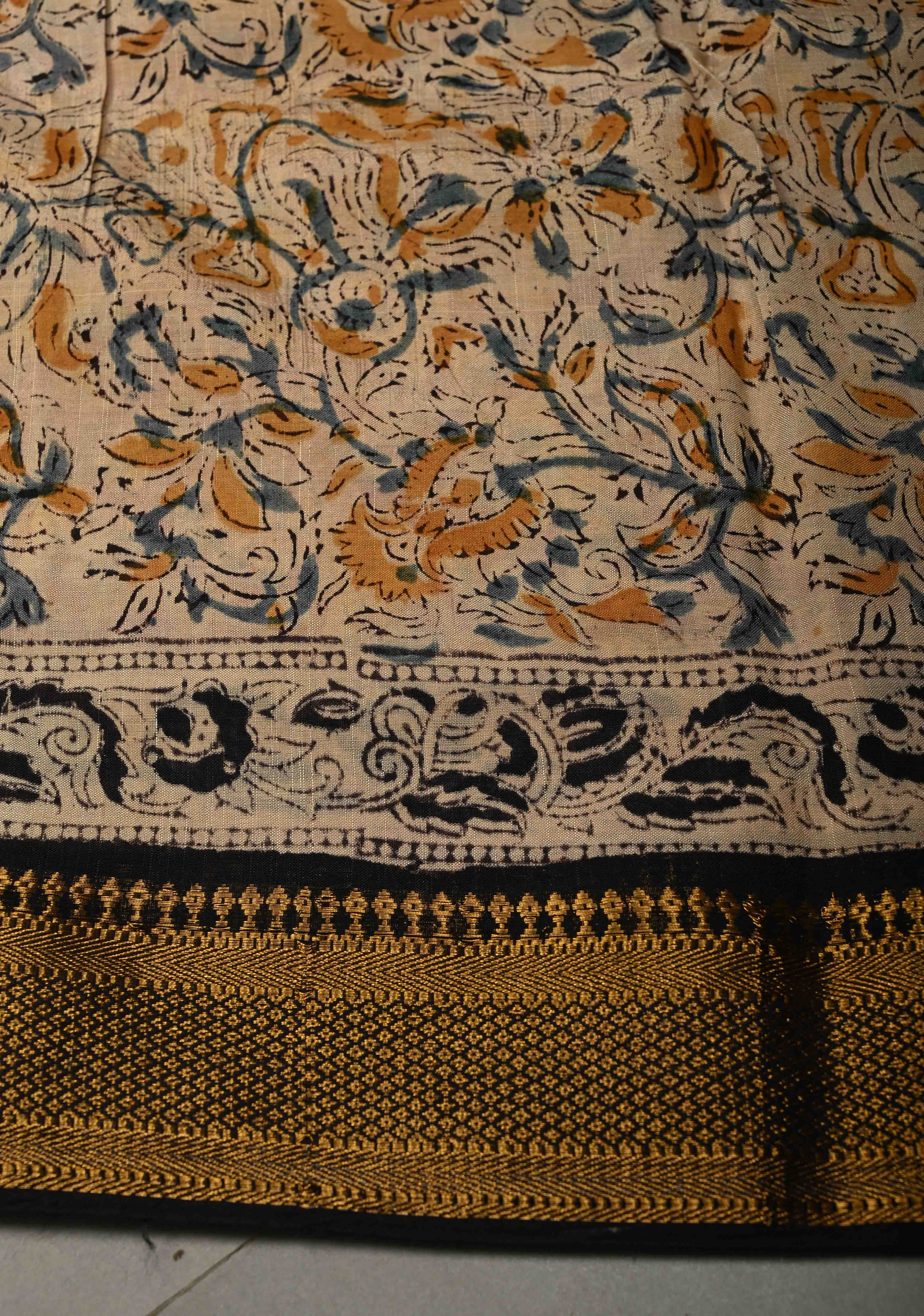 Blood Red Kalamkari Hand Block Print on Mangalagiri Cotton Saree with Nizam Zari Border | Shobitam