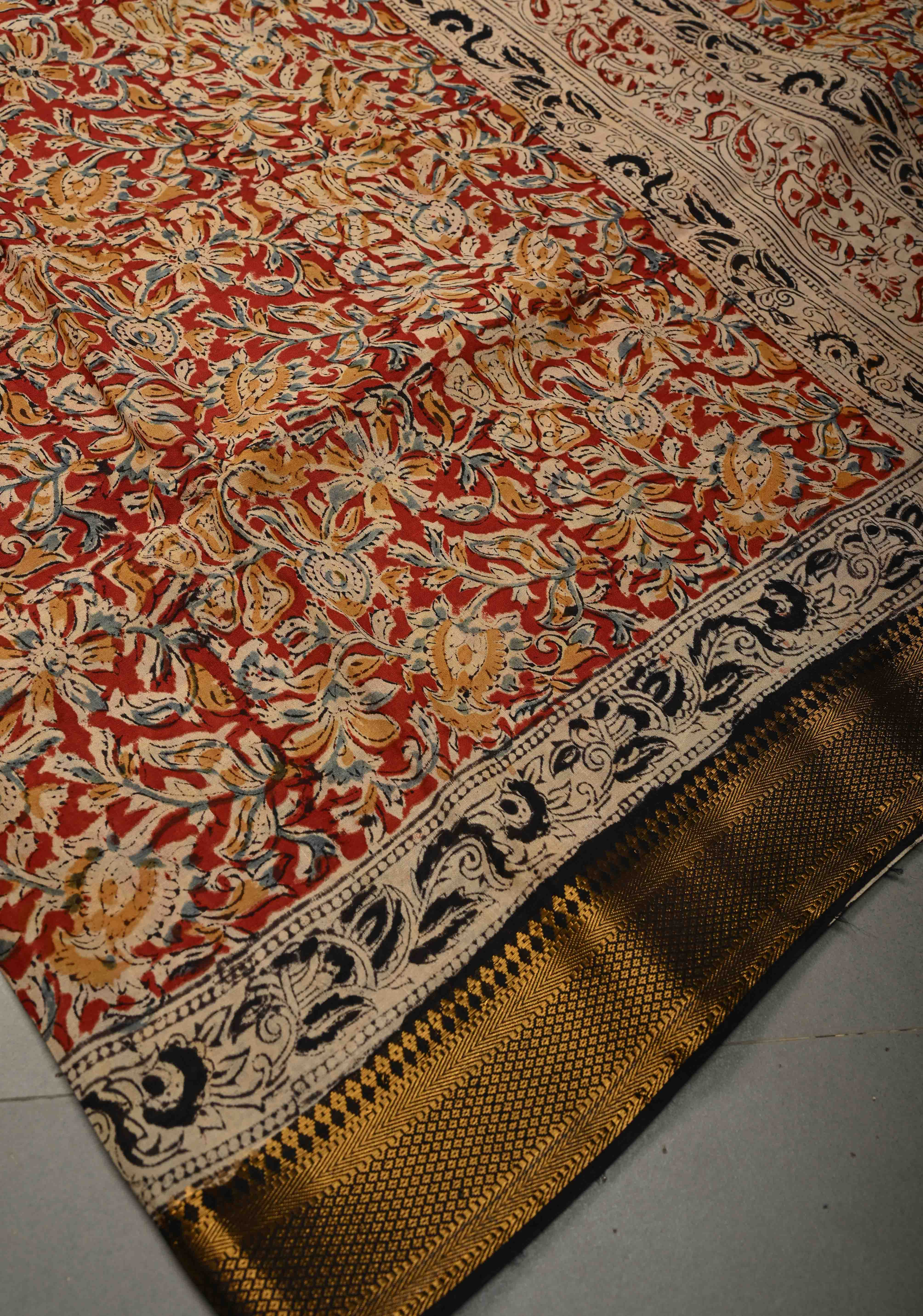 Blood Red Kalamkari Hand Block Print on Mangalagiri Cotton Saree with Nizam Zari Border | Shobitam