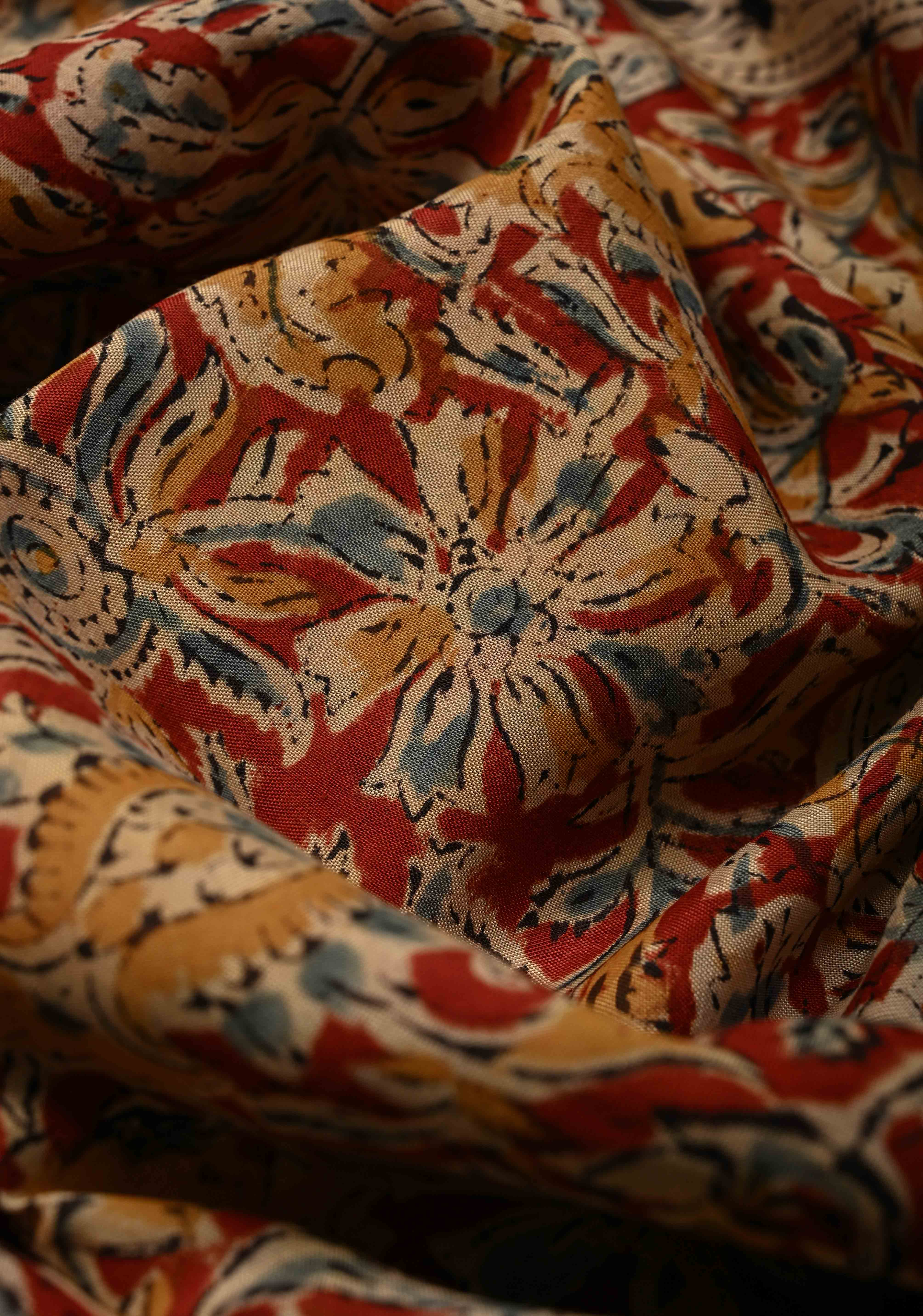 Blood Red Kalamkari Hand Block Print on Mangalagiri Cotton Saree with Nizam Zari Border | Shobitam