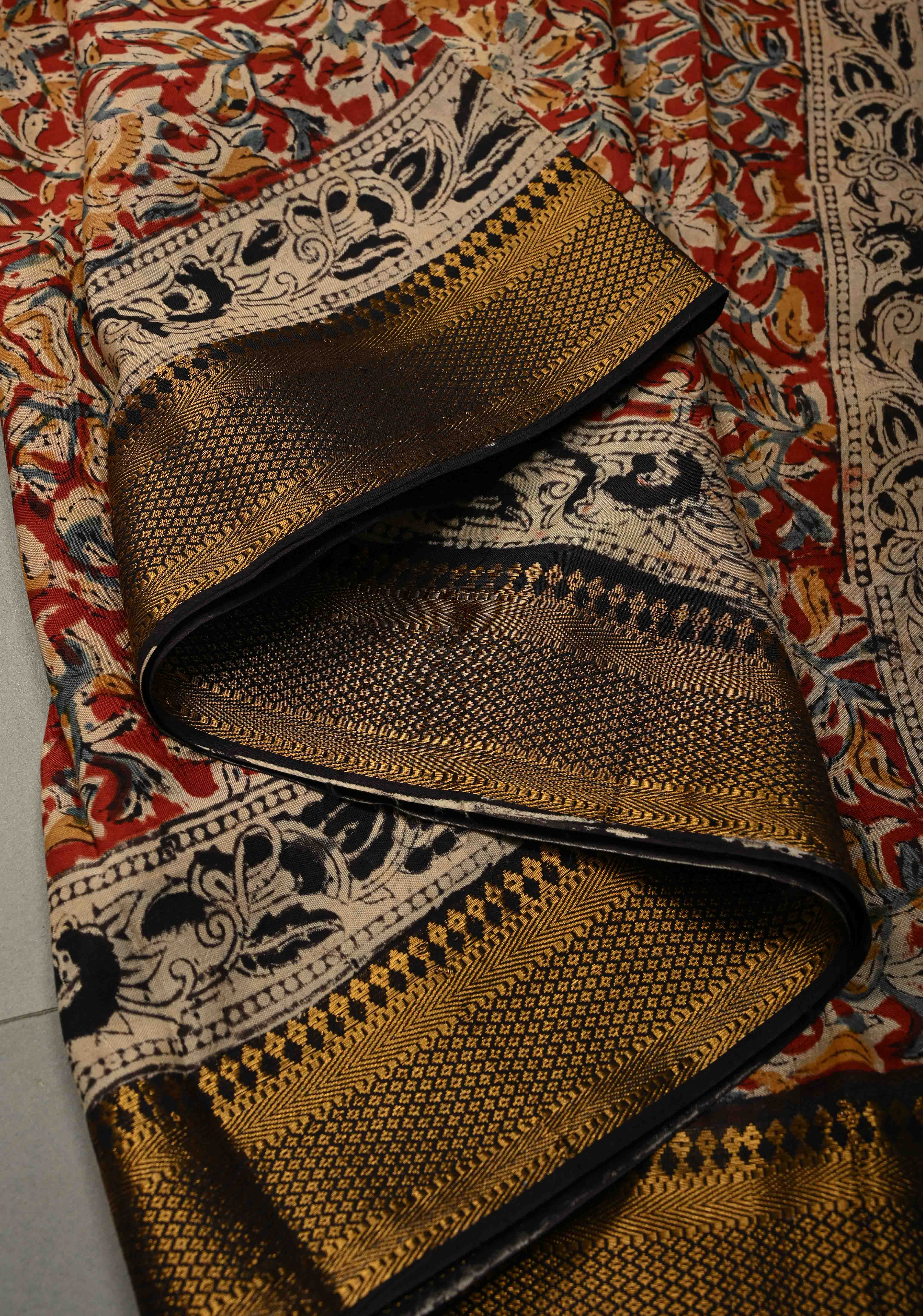 Blood Red Kalamkari Hand Block Print on Mangalagiri Cotton Saree with Nizam Zari Border | Shobitam