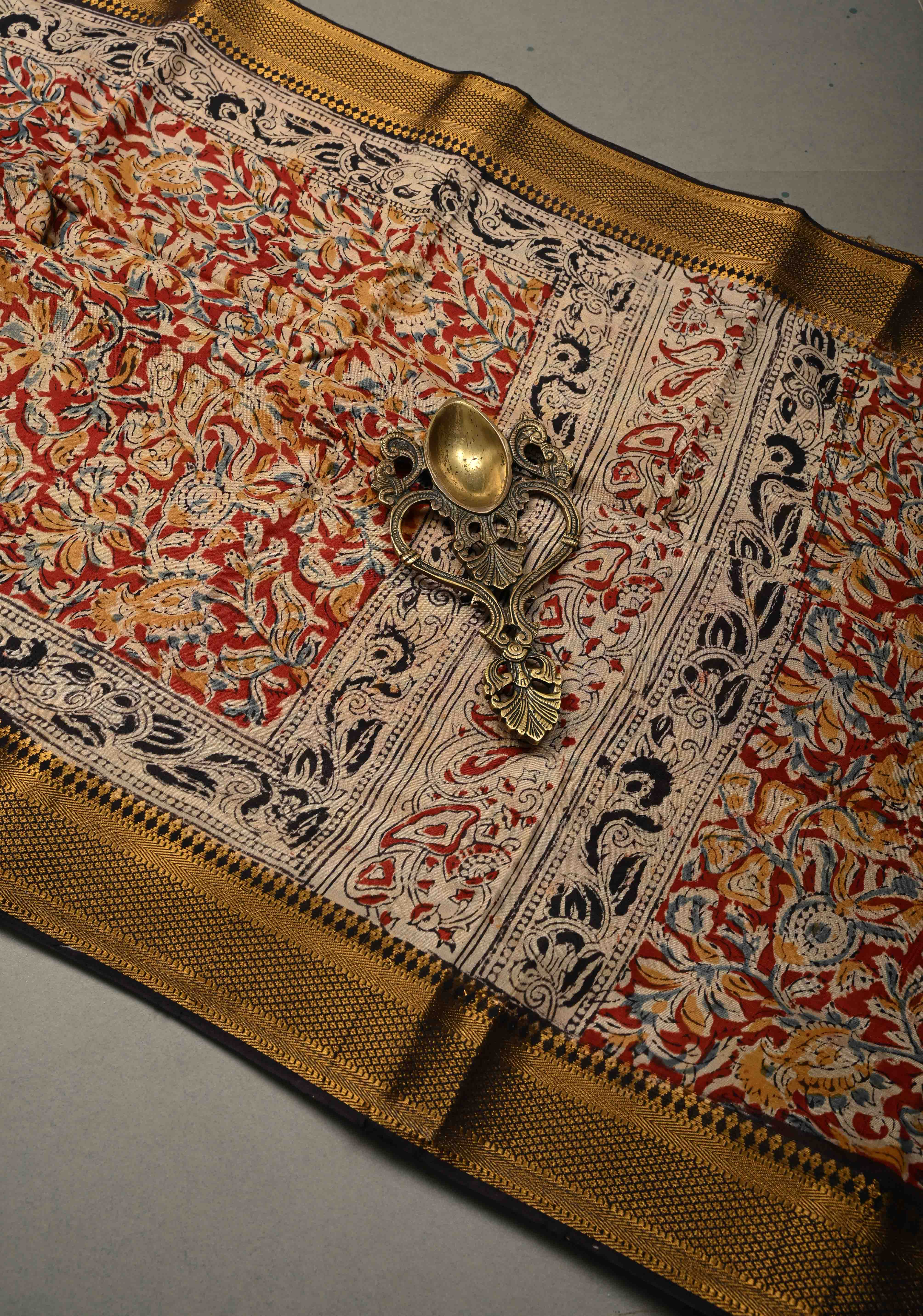 Blood Red Kalamkari Hand Block Print on Mangalagiri Cotton Saree with Nizam Zari Border | Shobitam