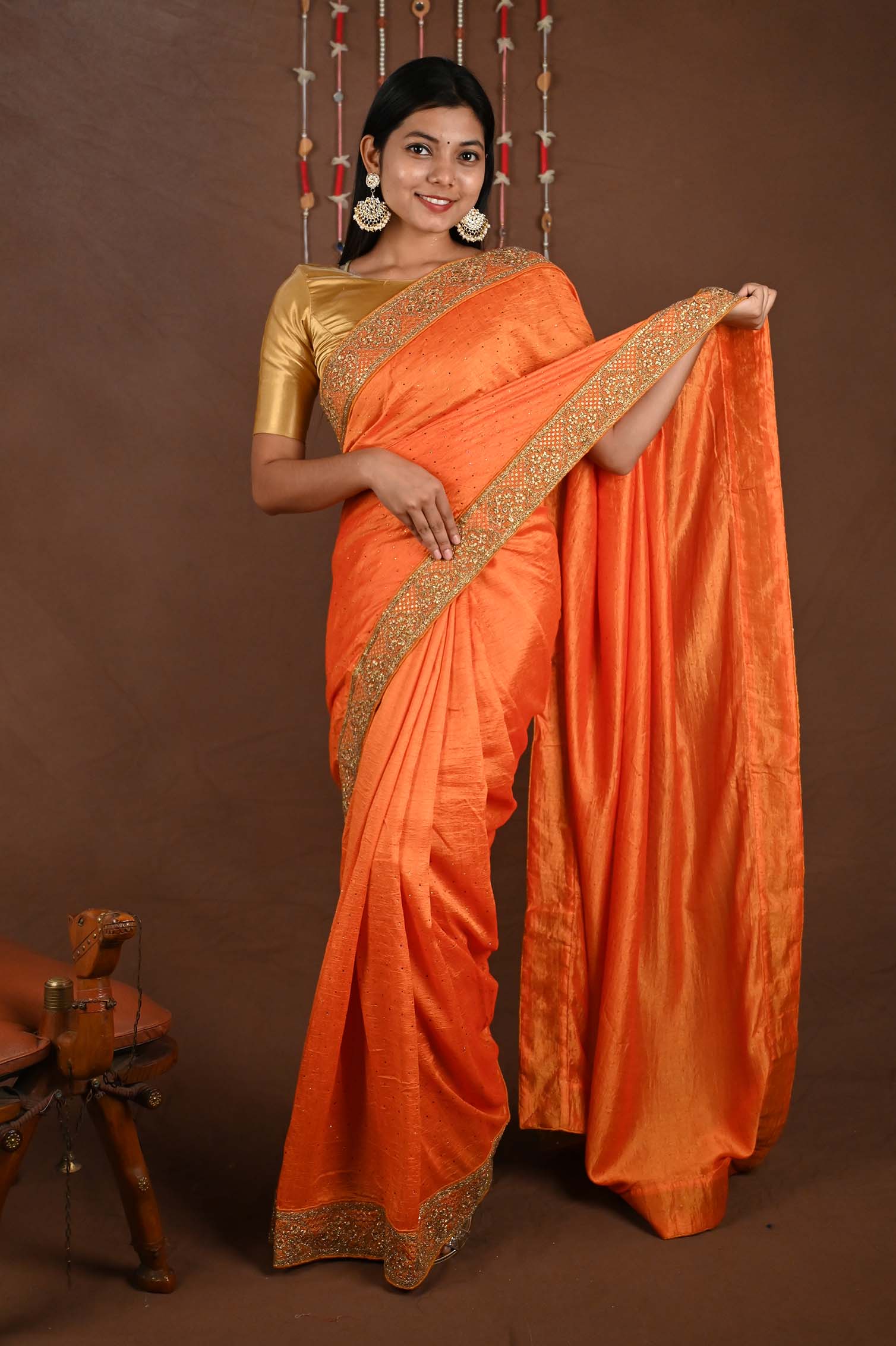 Ready to wear crepe jute silk Heavy Zari Embroidered with Stone Work Border wrap in 1 minute saree - Isadora Life