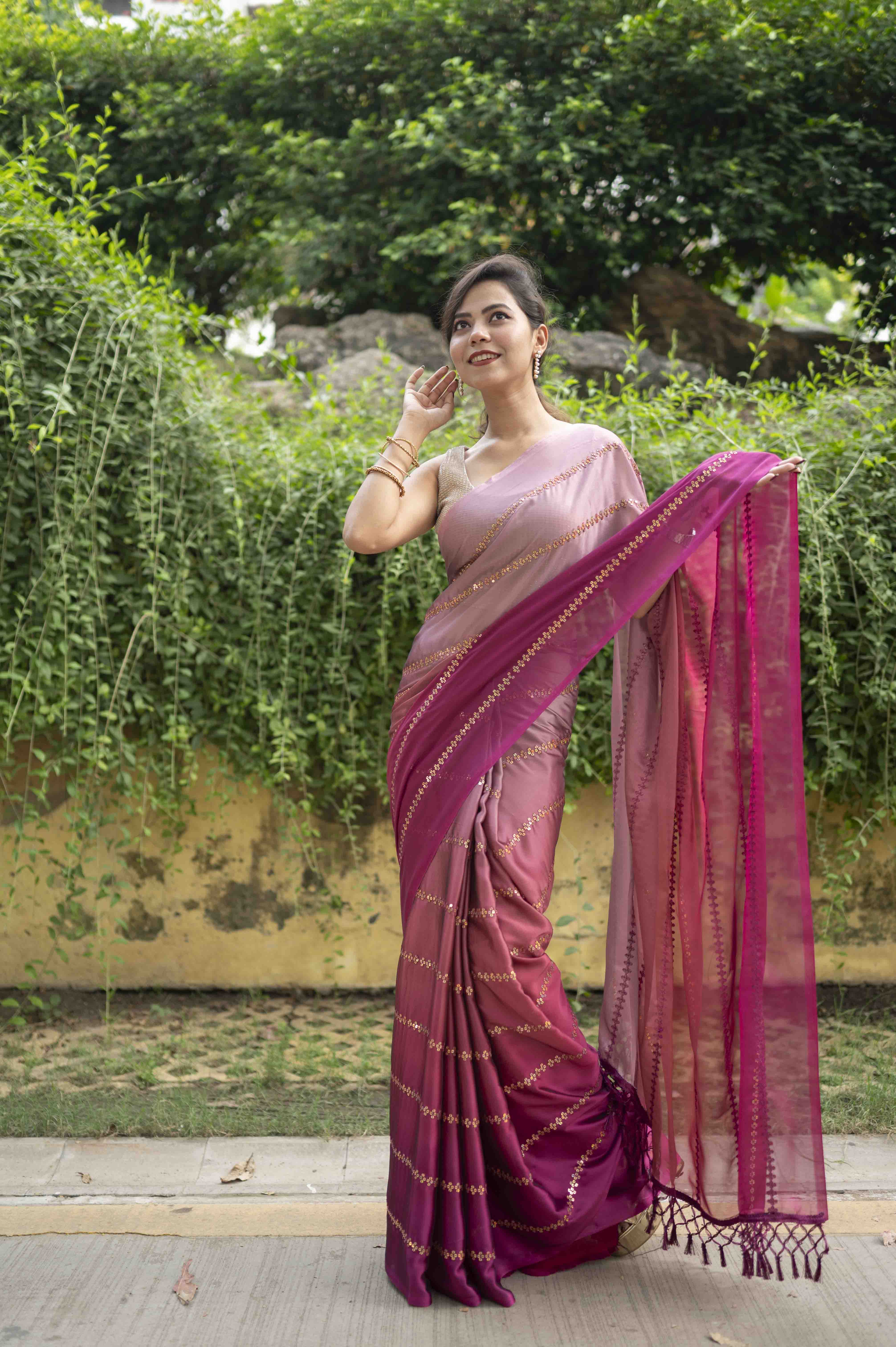 Ready To Wear Premium Soft Satin Maroon ombre With Sequin Embellished & Ornate palla Wrap in 1 minute saree - Isadora Life