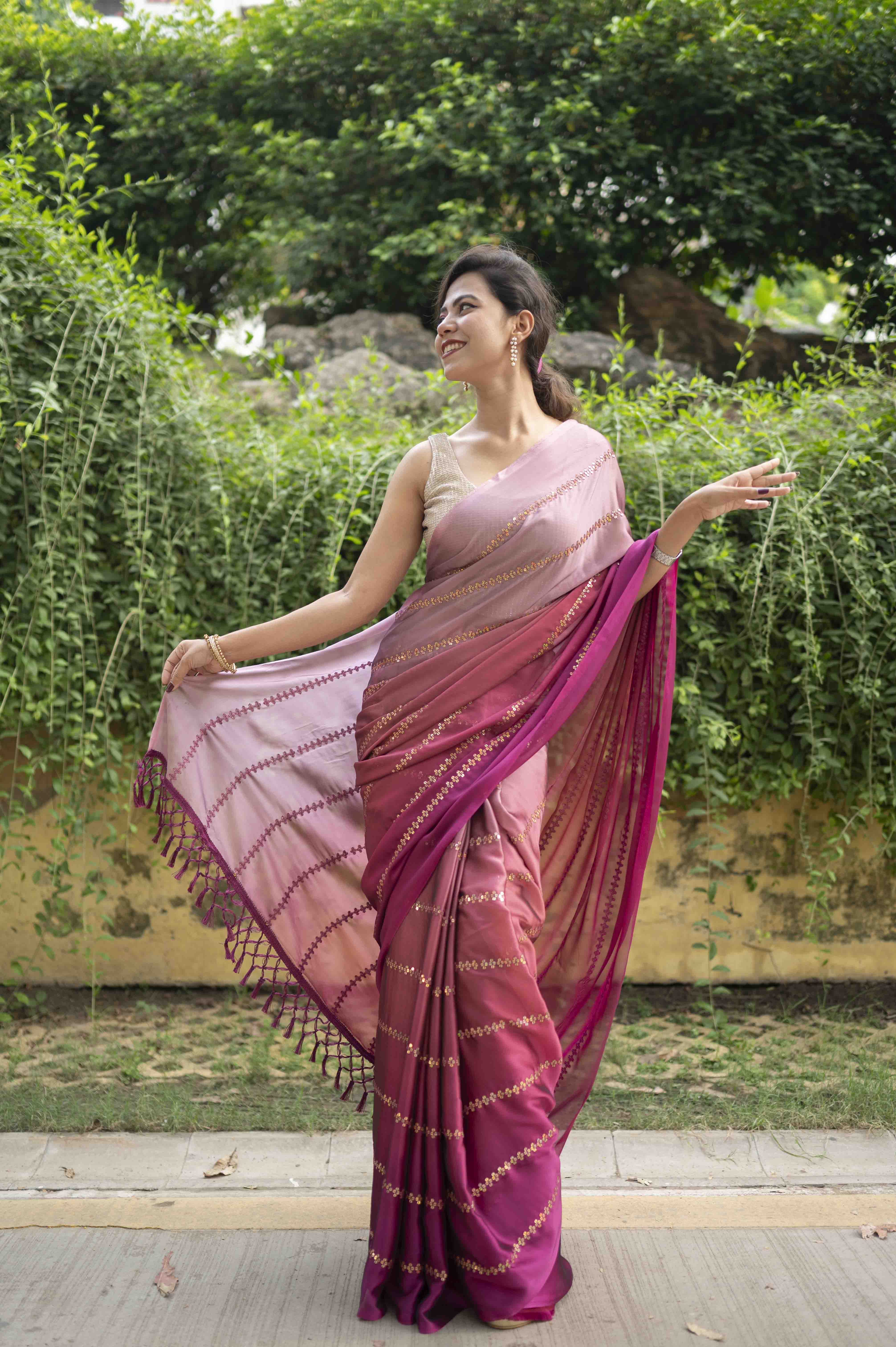 Ready To Wear Premium Soft Satin Maroon ombre With Sequin Embellished & Ornate palla Wrap in 1 minute saree - Isadora Life