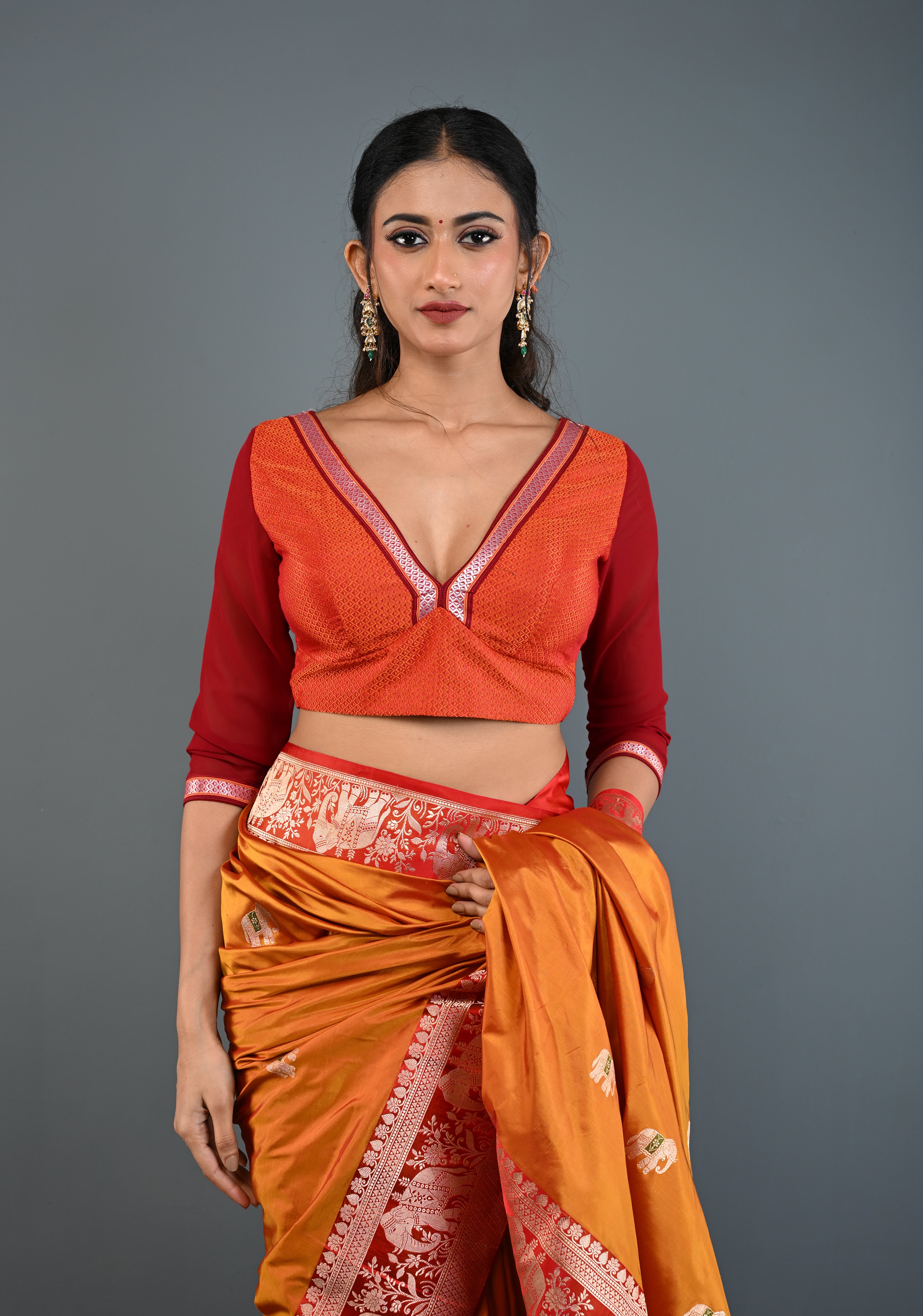 Rust Orange Khana Silk Blouse with Deep V Neck and Maroon Sheer Sleeves, Customizable, Made to Order | Shobitam