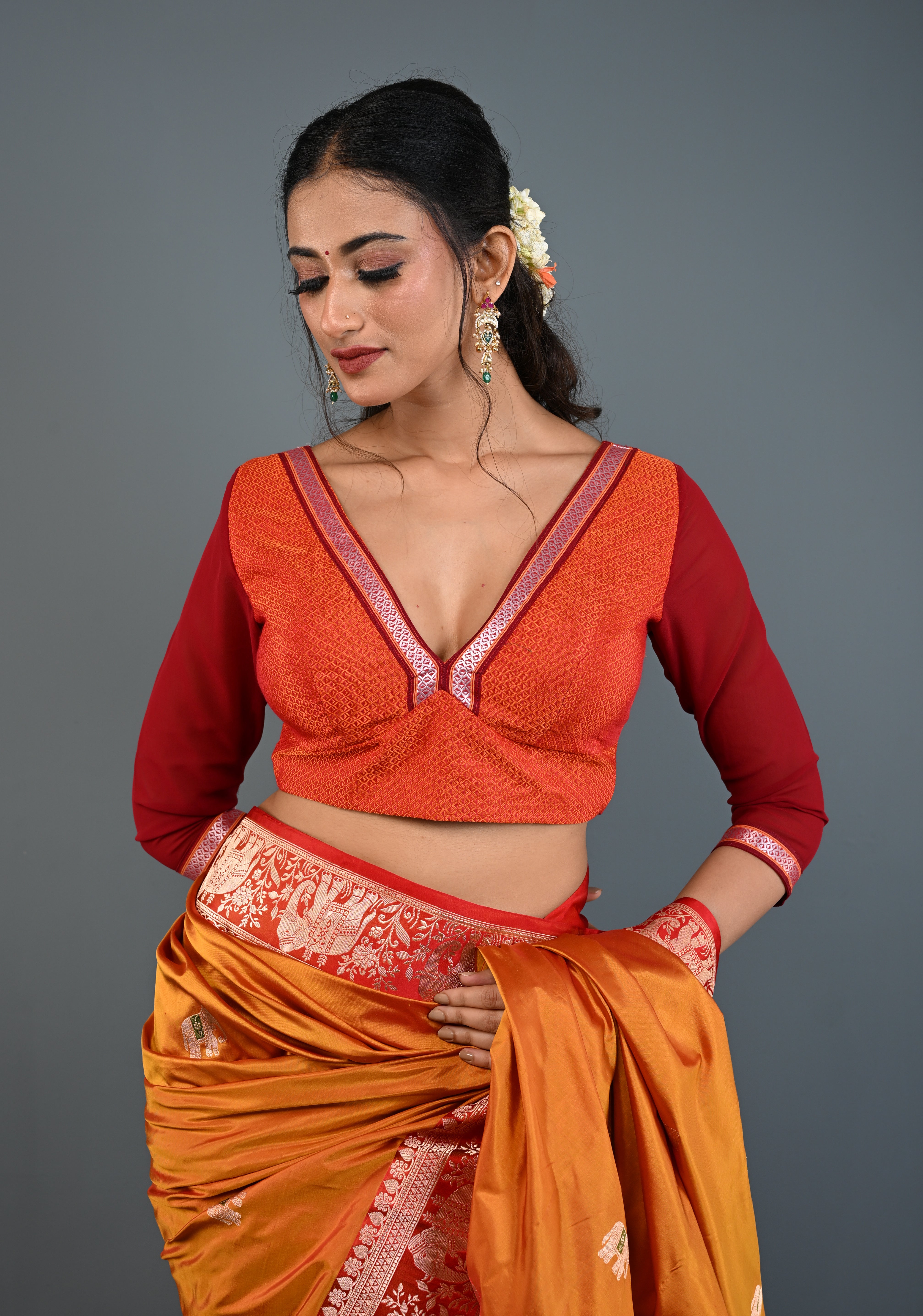 Rust Orange Khana Silk Blouse with Deep V Neck and Maroon Sheer Sleeves, Customizable, Made to Order | Shobitam