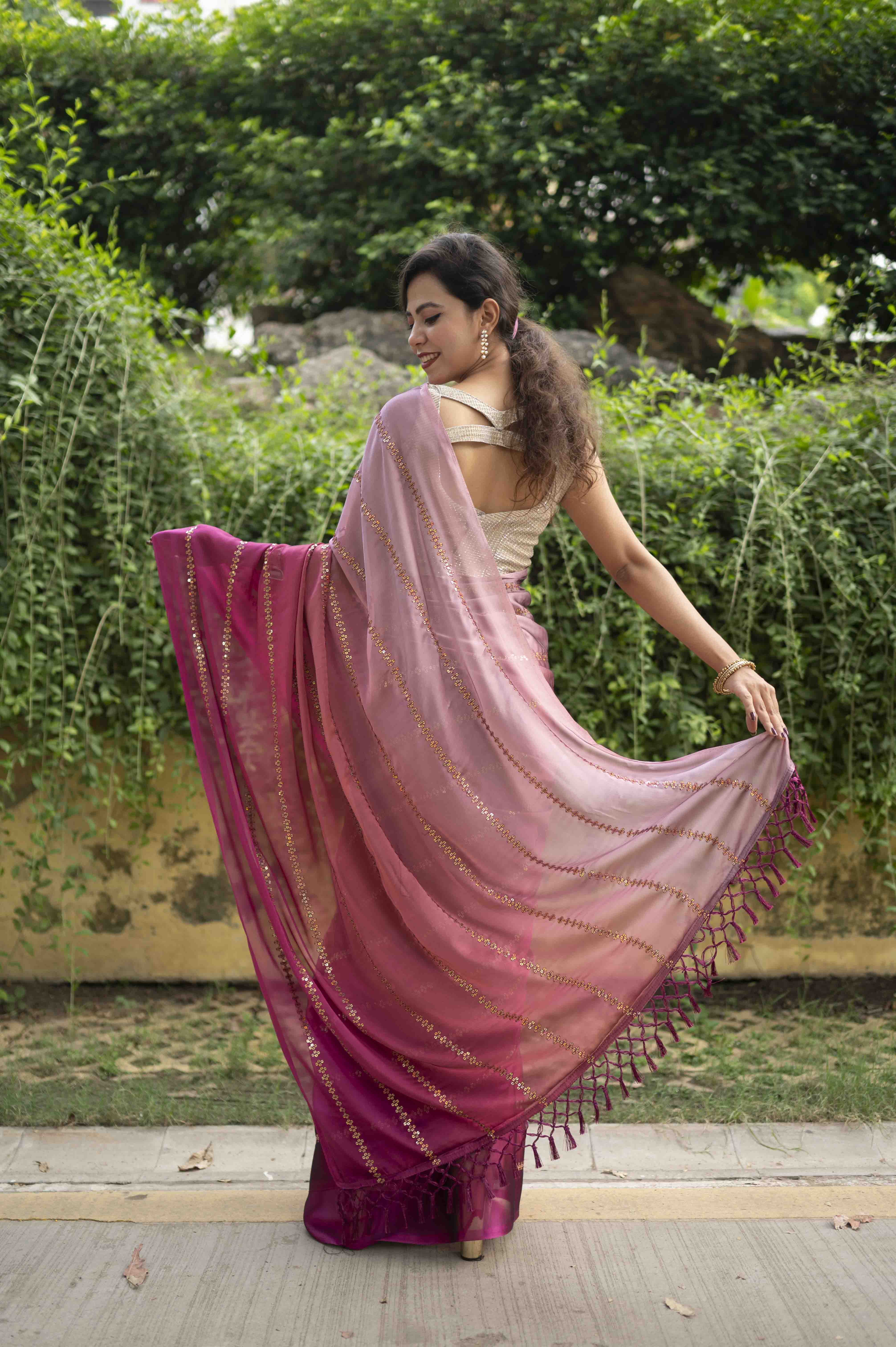 Ready To Wear Premium Soft Satin Maroon ombre With Sequin Embellished & Ornate palla Wrap in 1 minute saree - Isadora Life