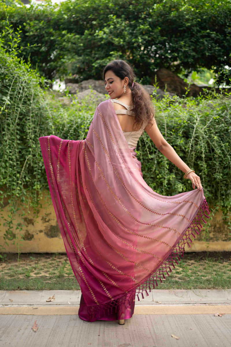 Ready To Wear Premium Soft Satin Maroon ombre With Sequin Embellished & Ornate palla Wrap in 1 minute saree - Isadora Life