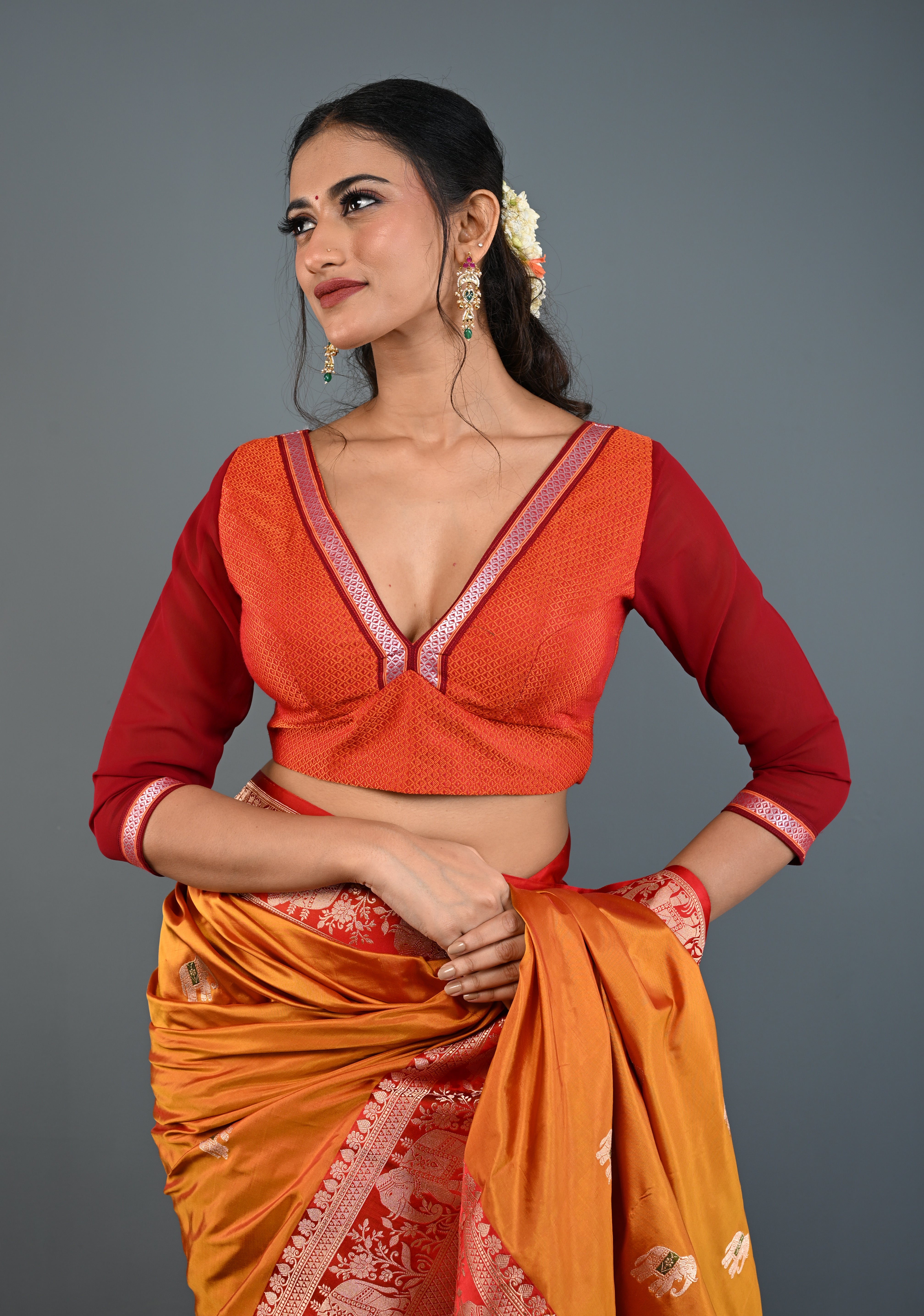 Rust Orange Khana Silk Blouse with Deep V Neck and Maroon Sheer Sleeves, Customizable, Made to Order | Shobitam