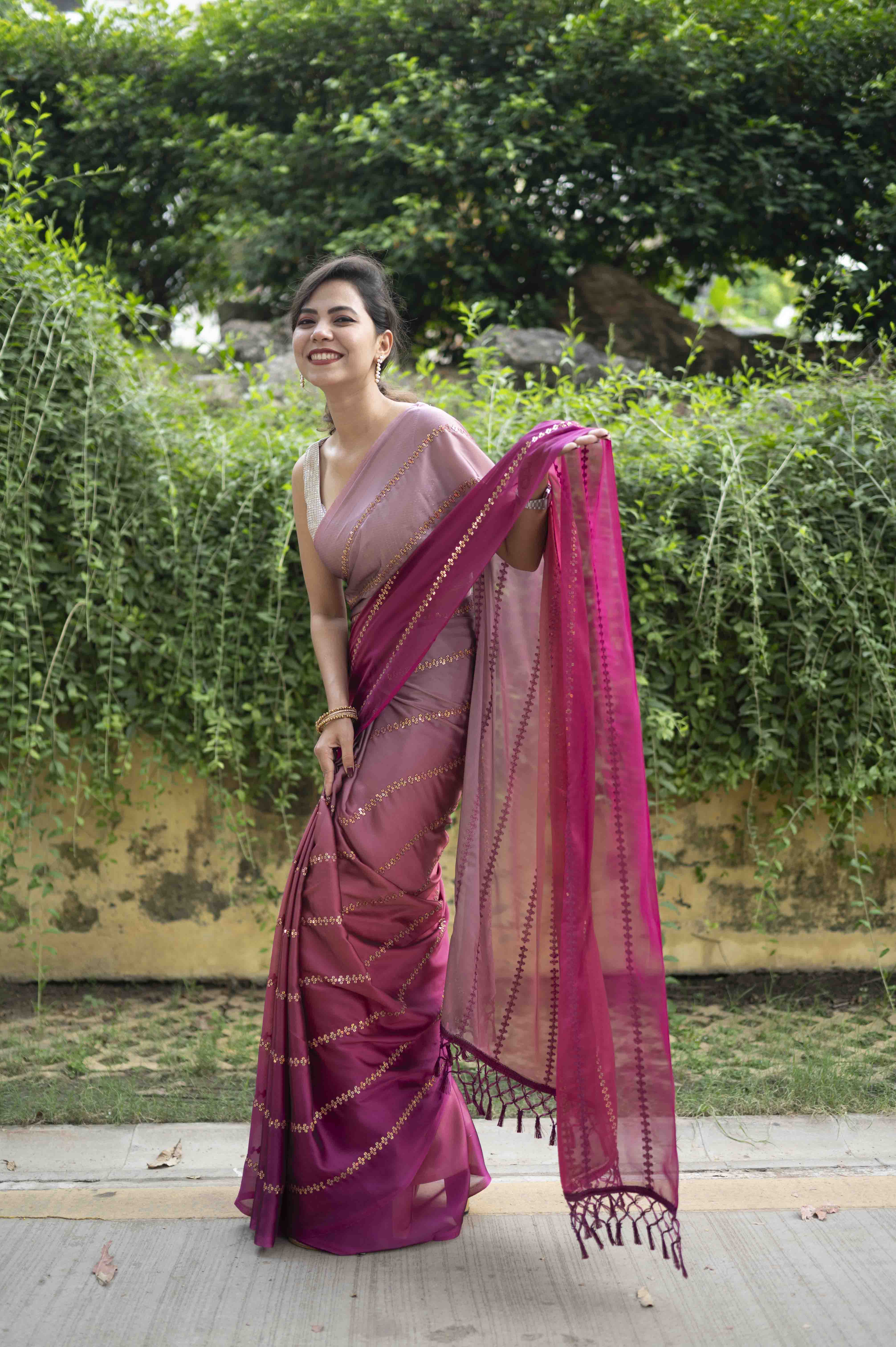 Ready To Wear Premium Soft Satin Maroon ombre With Sequin Embellished & Ornate palla Wrap in 1 minute saree - Isadora Life