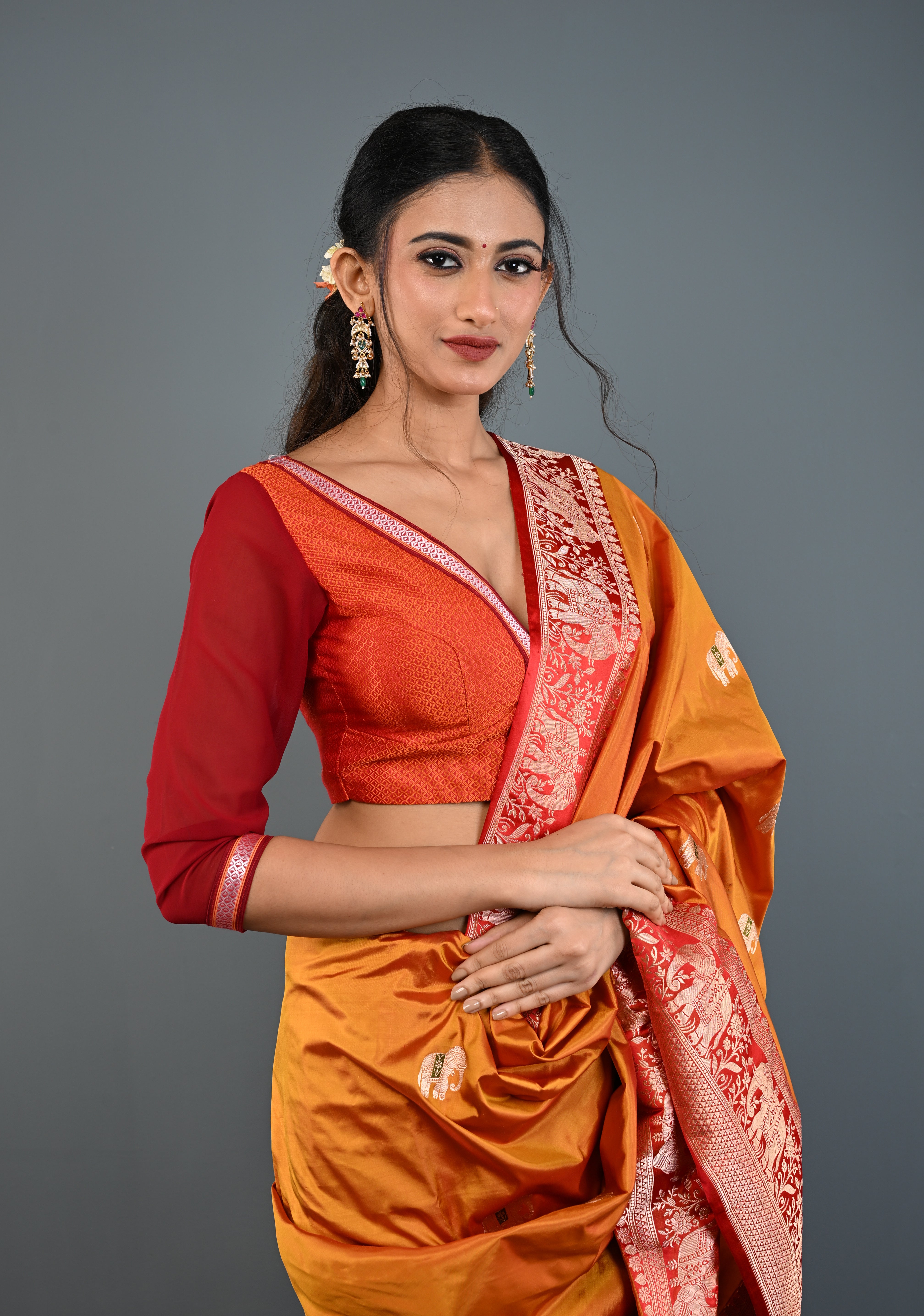 Rust Orange Khana Silk Blouse with Deep V Neck and Maroon Sheer Sleeves, Customizable, Made to Order | Shobitam