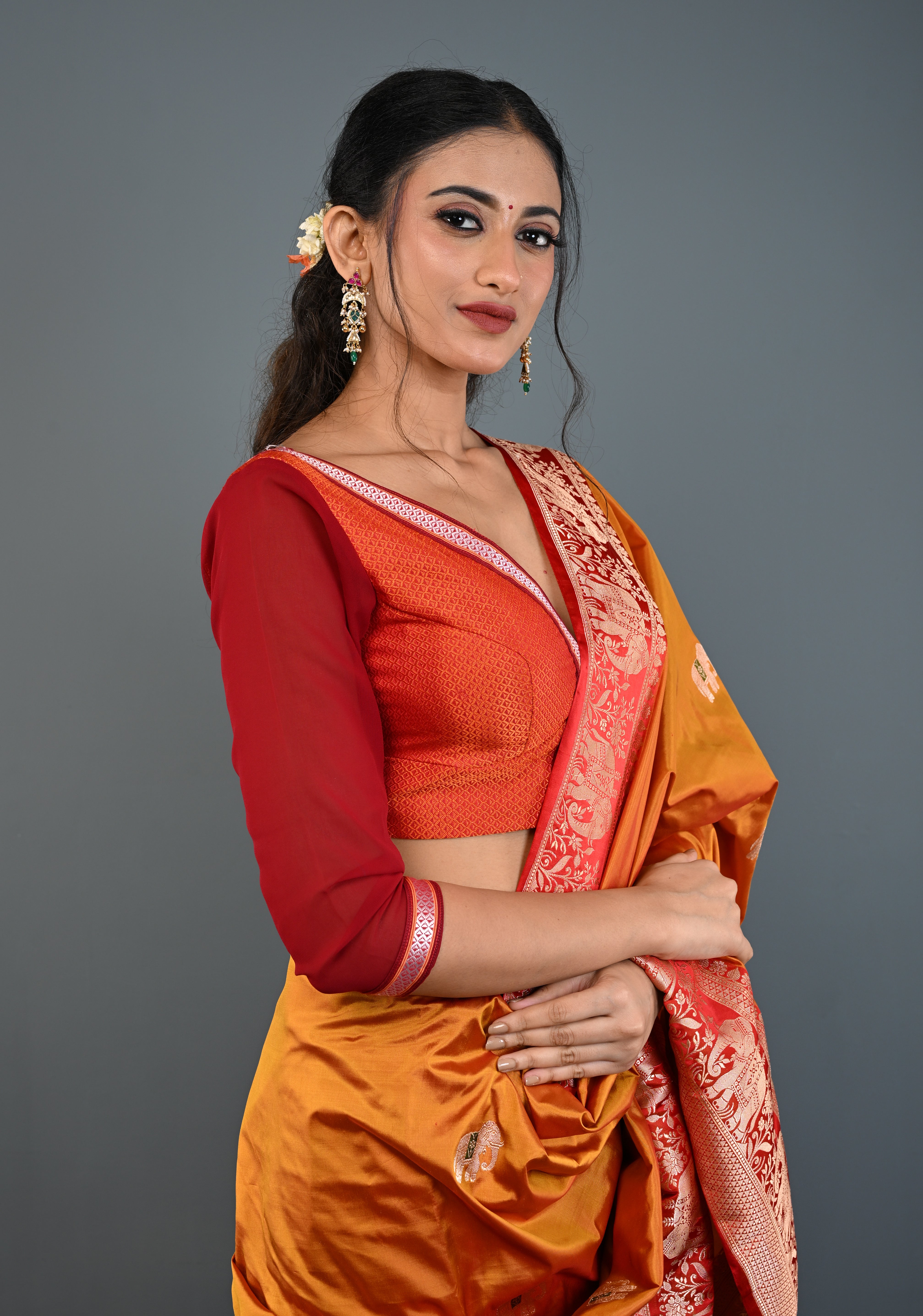 Rust Orange Khana Silk Blouse with Deep V Neck and Maroon Sheer Sleeves, Customizable, Made to Order | Shobitam