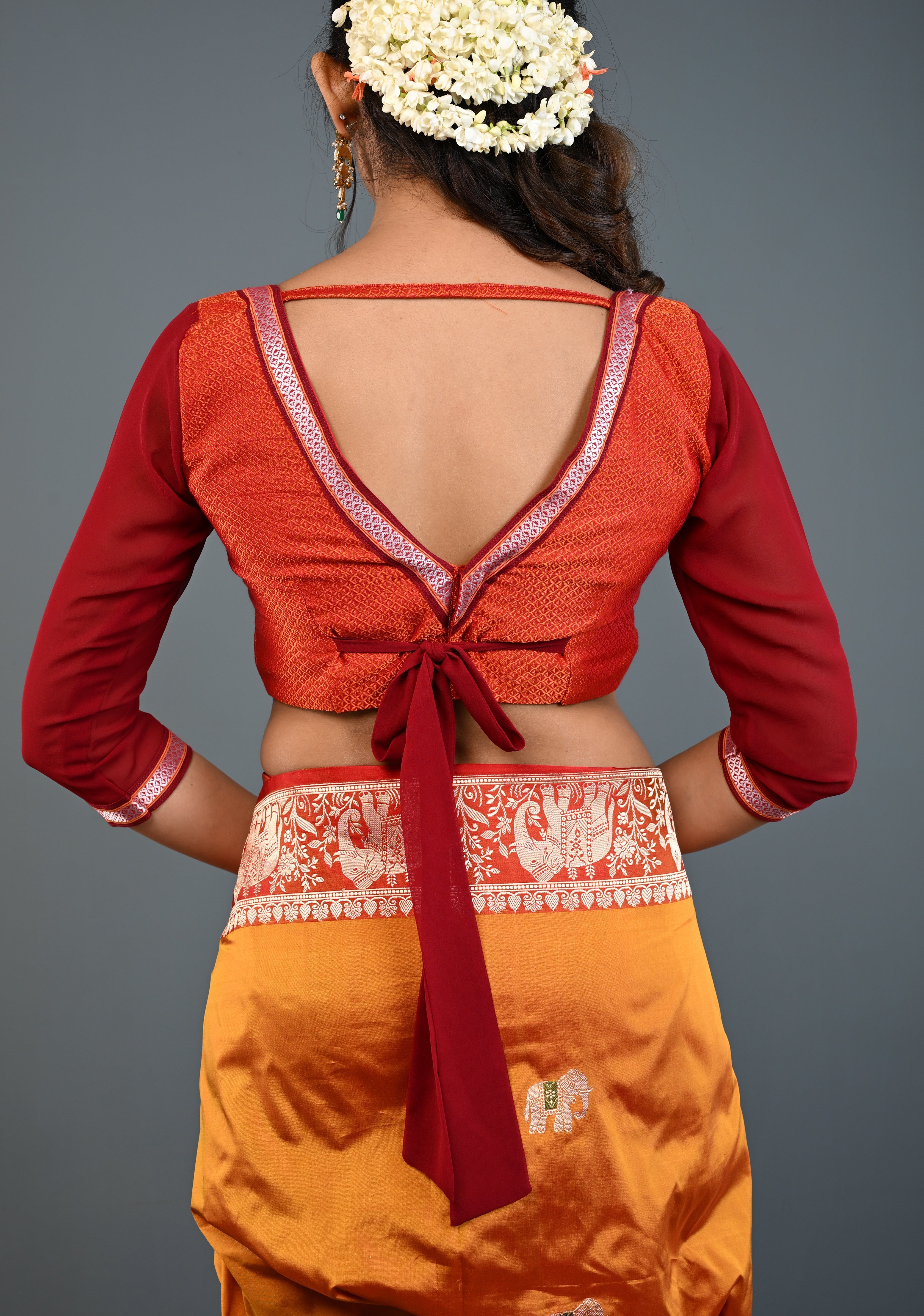 Rust Orange Khana Silk Blouse with Deep V Neck and Maroon Sheer Sleeves, Customizable, Made to Order | Shobitam