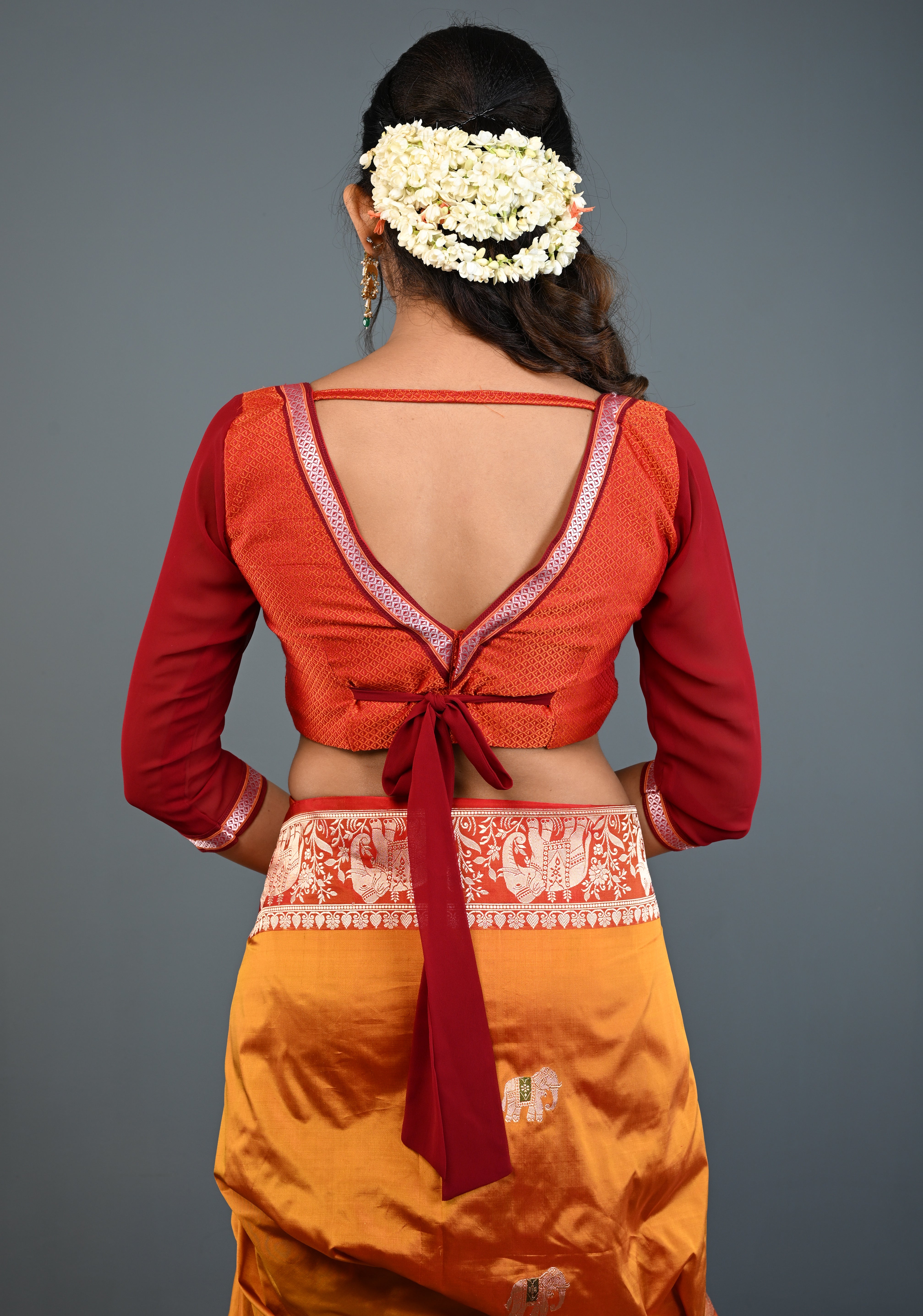 Rust Orange Khana Silk Blouse with Deep V Neck and Maroon Sheer Sleeves, Customizable, Made to Order | Shobitam
