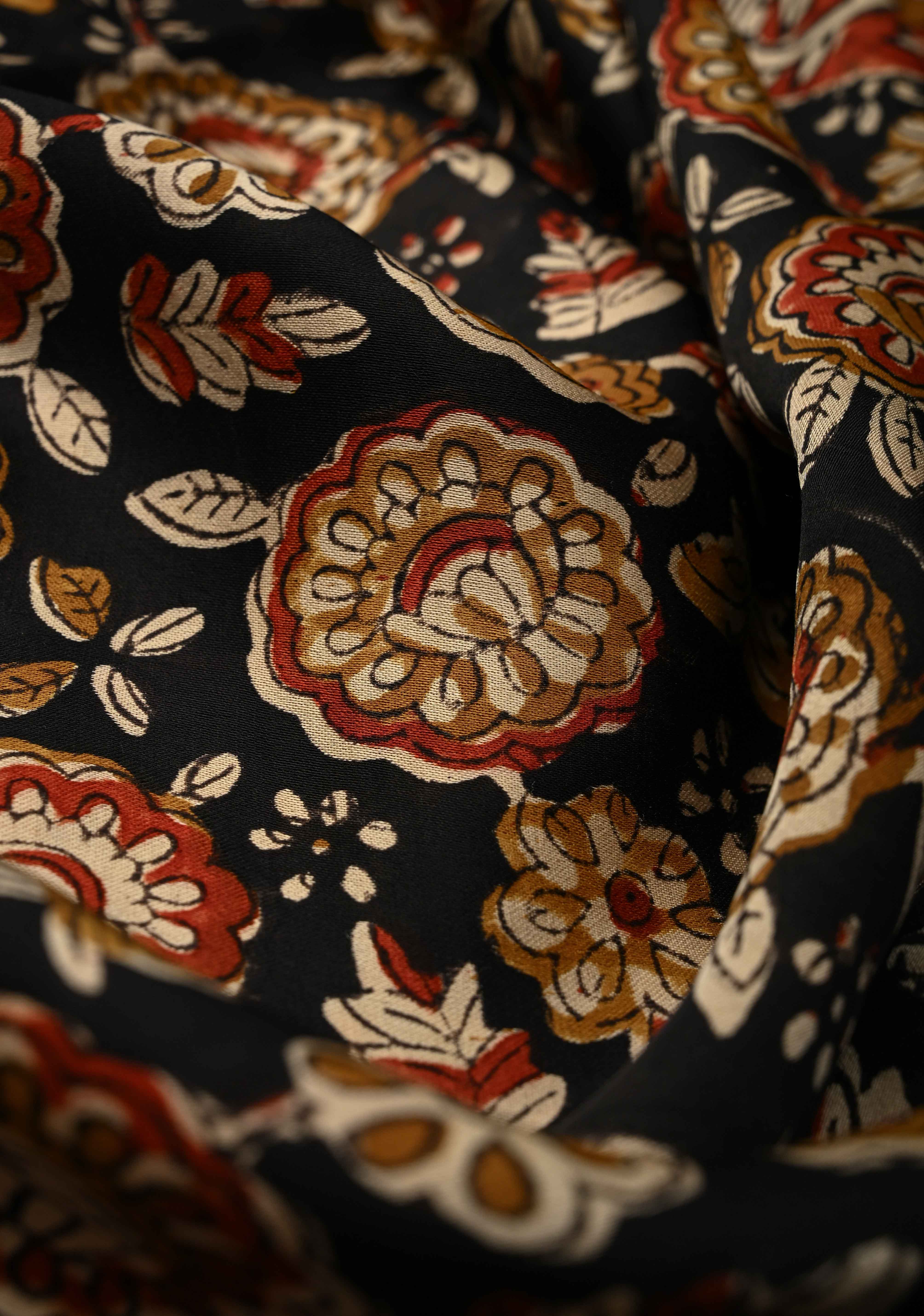 Midnight Black Modal Silk Saree with Sanganeri Block Print | Shobitam
