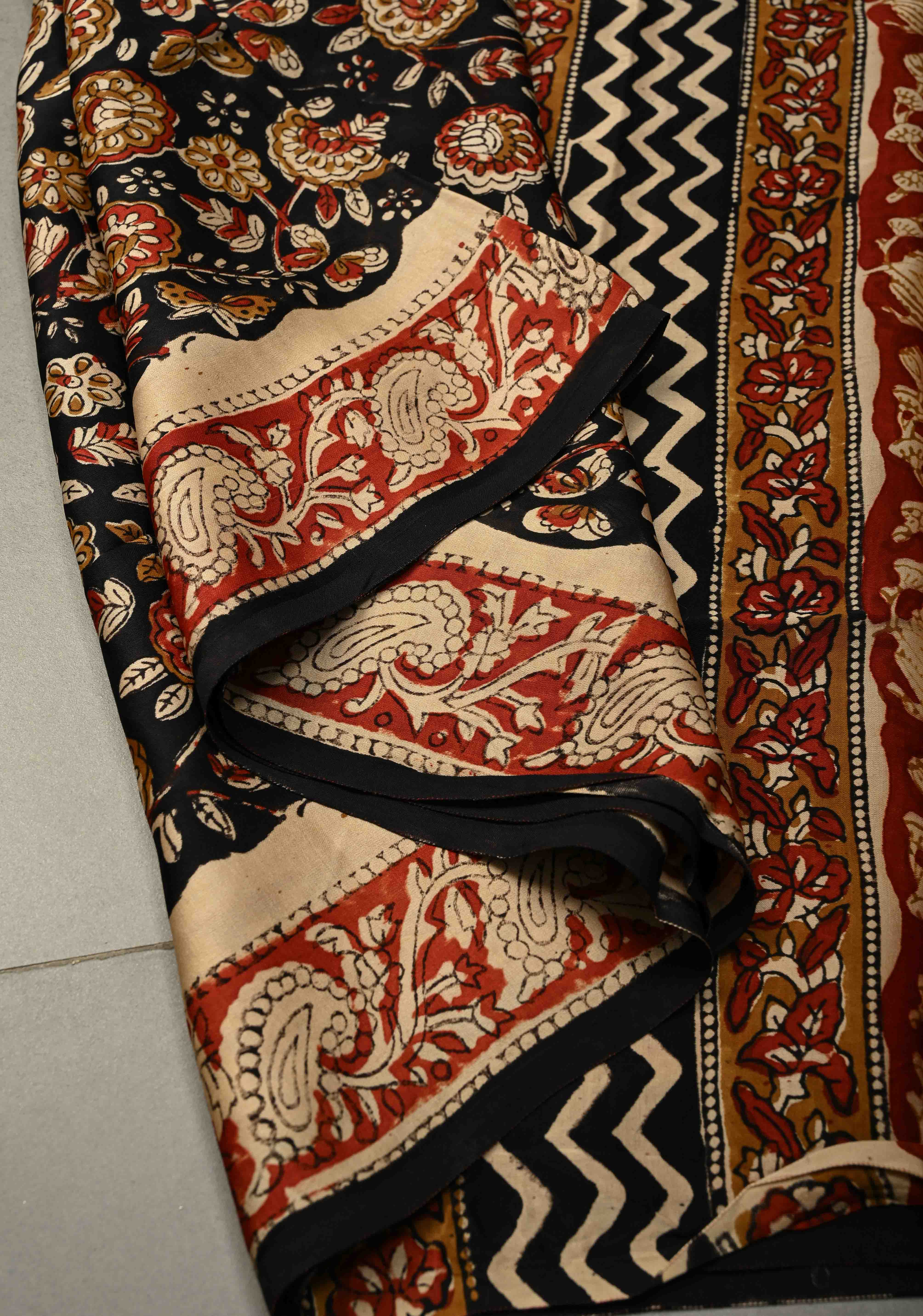 Midnight Black Modal Silk Saree with Sanganeri Block Print | Shobitam