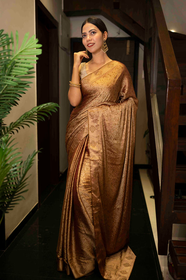 Elegant Sedate Gold Toned Pure Banarsee Silk With Detailed Zari Woven And Stone pallu Ready to Wear Saree - Isadora Life