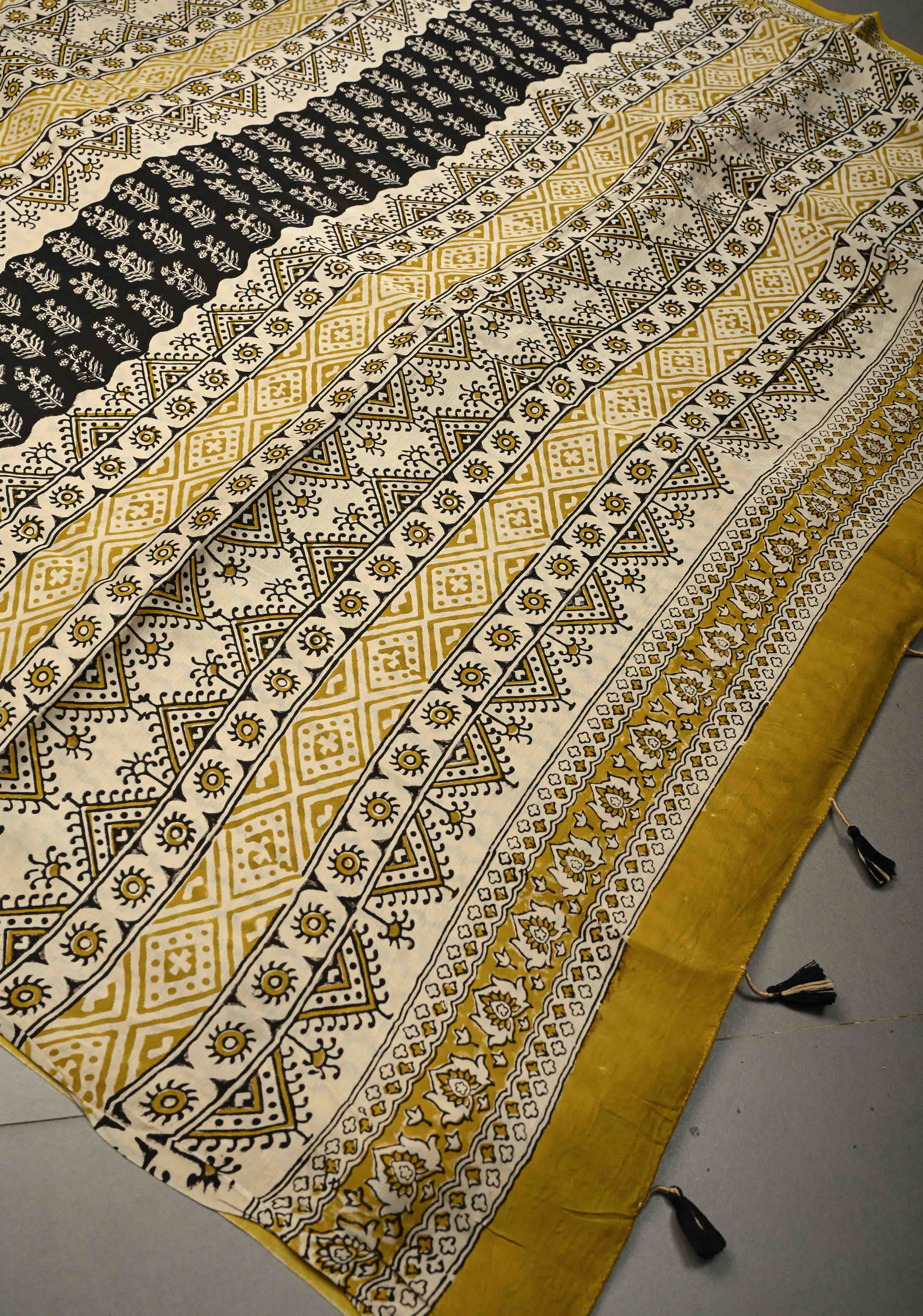 Black Modal Silk Saree with Sanganeri Block Print | Shobitam
