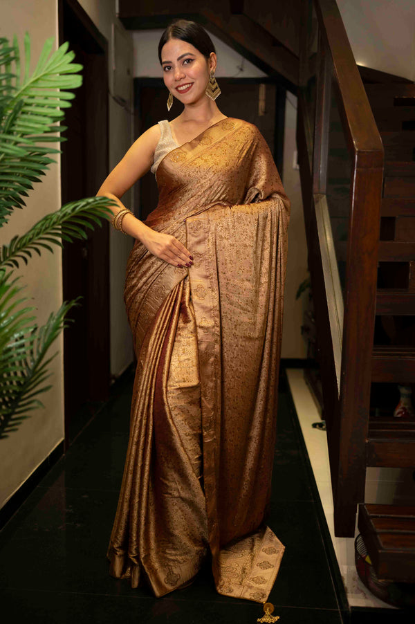 Elegant Sedate Gold Toned Pure Banarsee Silk With Detailed Zari Woven And Stone pallu Ready to Wear Saree
