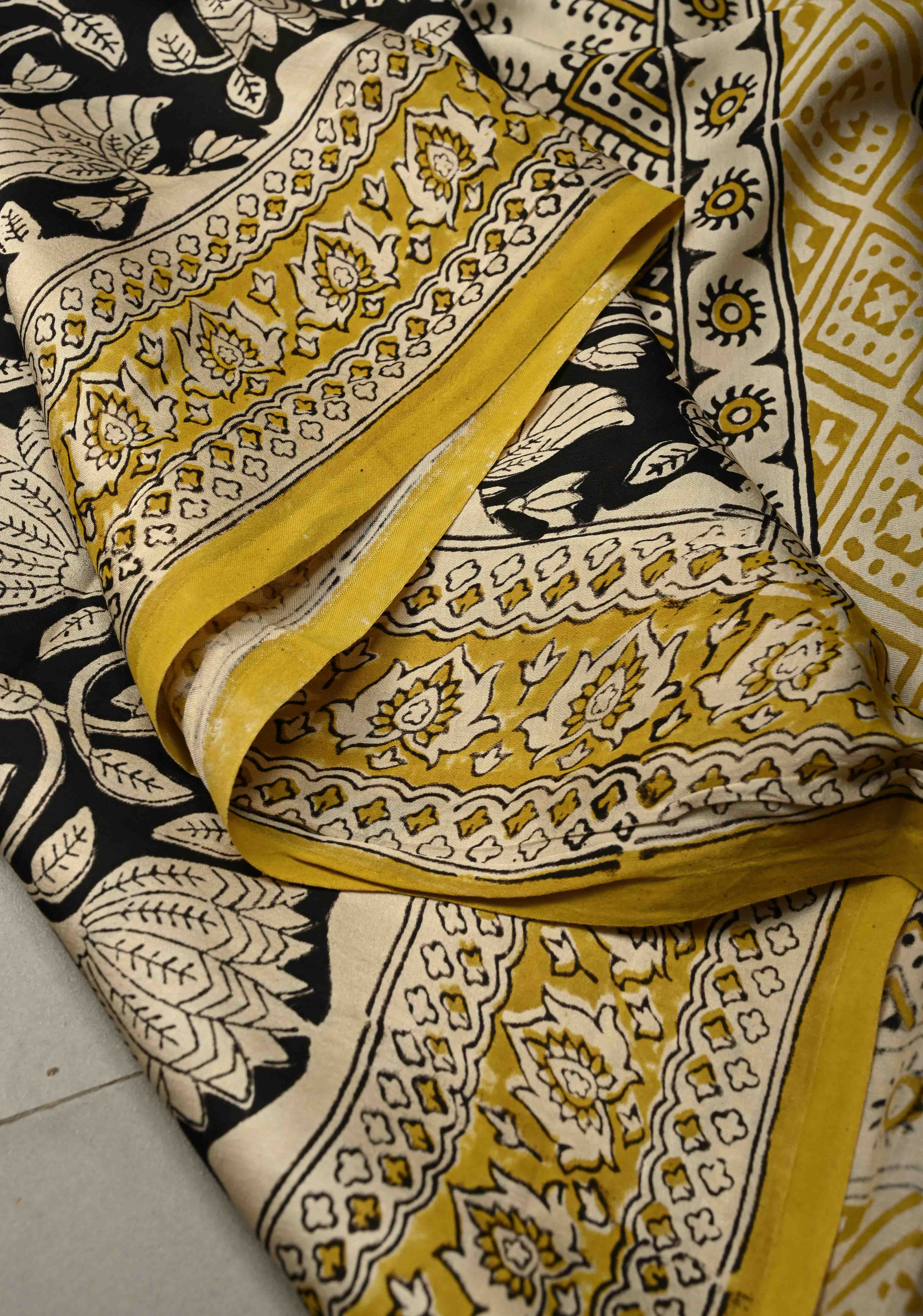 Black Modal Silk Saree with Sanganeri Block Print | Shobitam