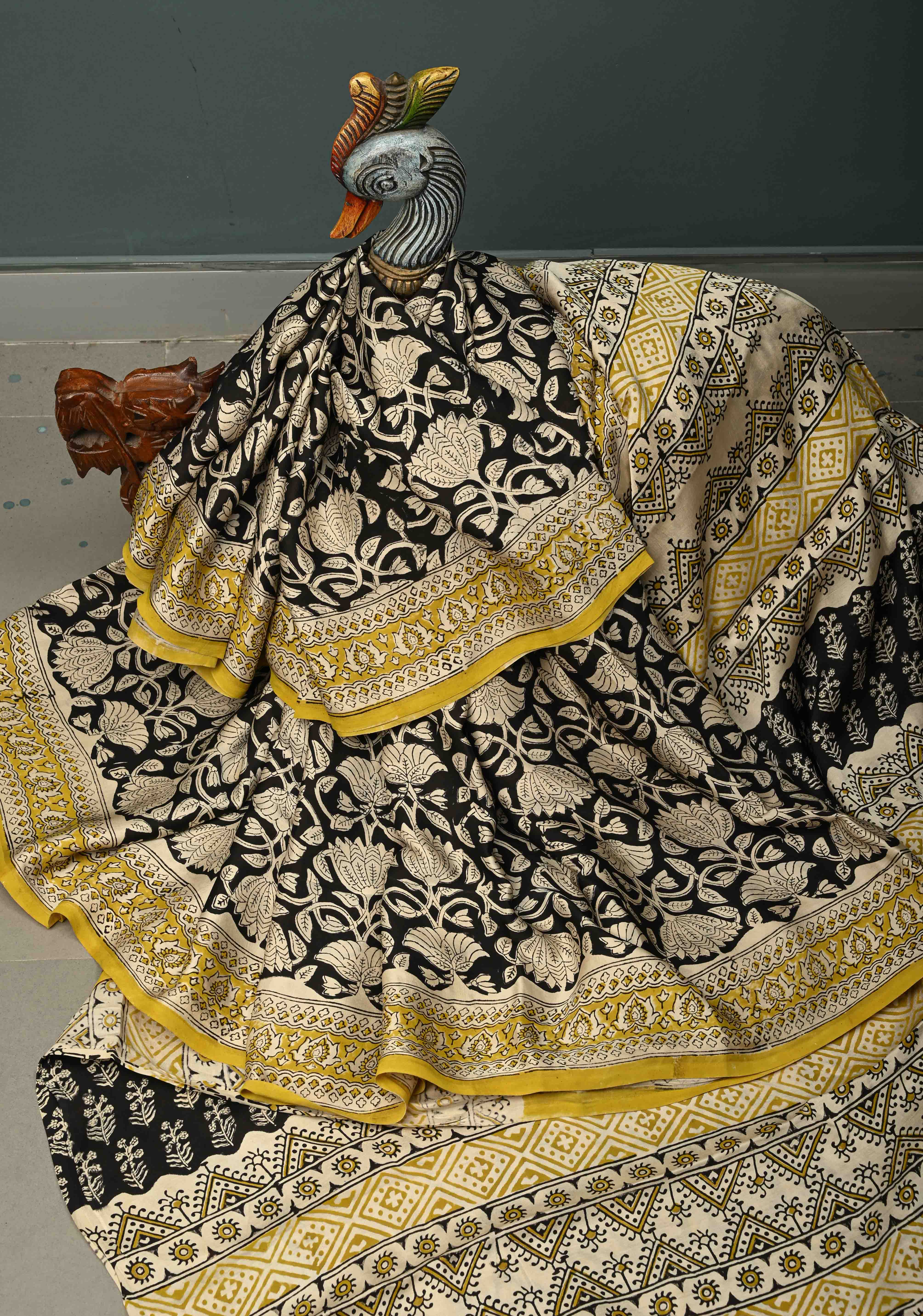 Black Modal Silk Saree with Sanganeri Block Print | Shobitam