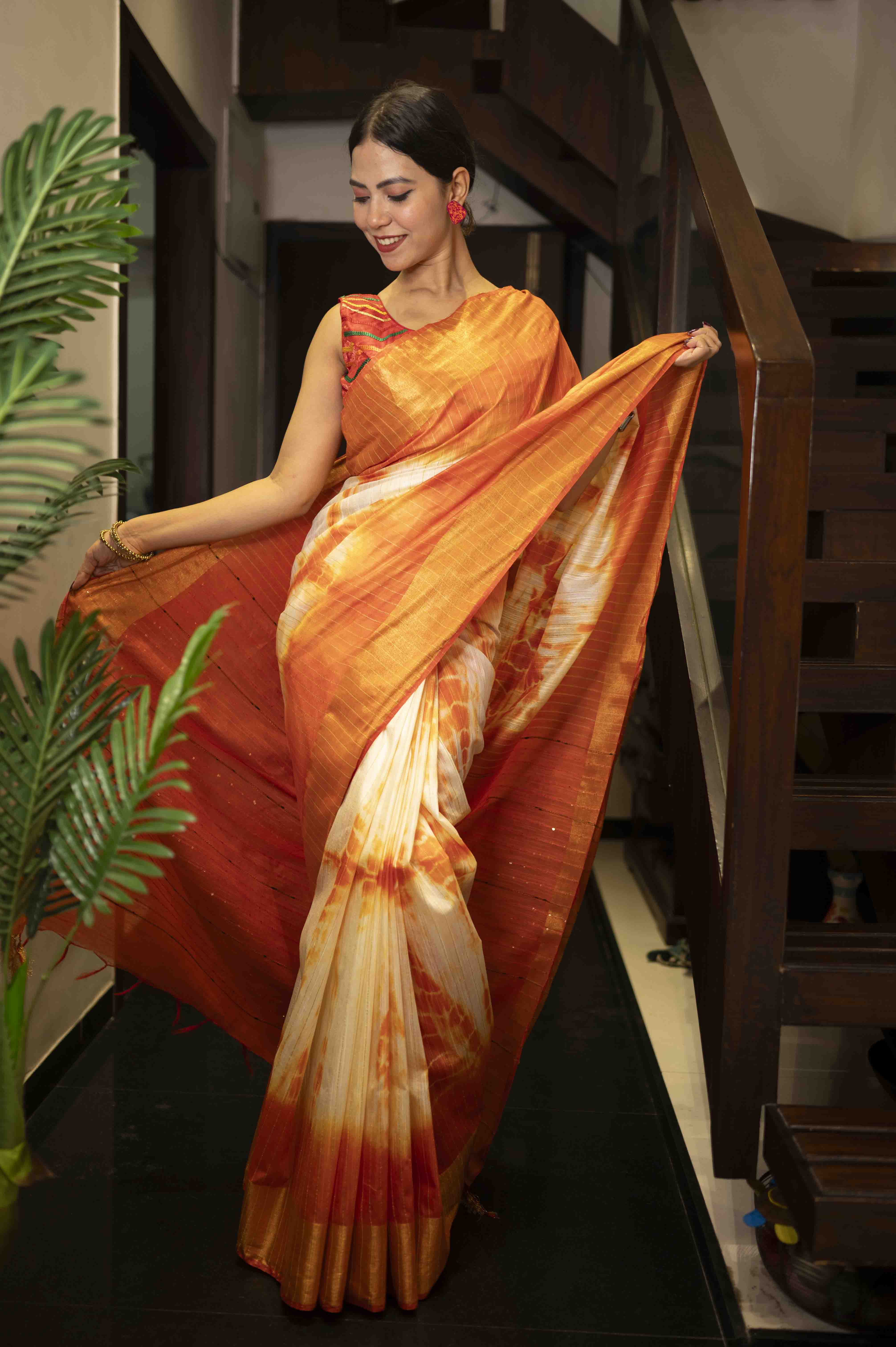 Premium  Orange Shibori Bhagalpuri Cotton Silk with woven Zari and sequins With Ornate Pallo   Wrap in 1 minute saree - Isadora Life