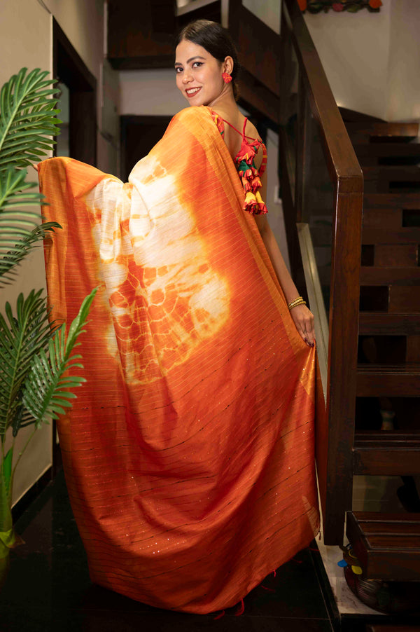 Premium  Orange Shibori Bhagalpuri Cotton Silk with woven Zari and sequins With Ornate Pallo   Wrap in 1 minute saree