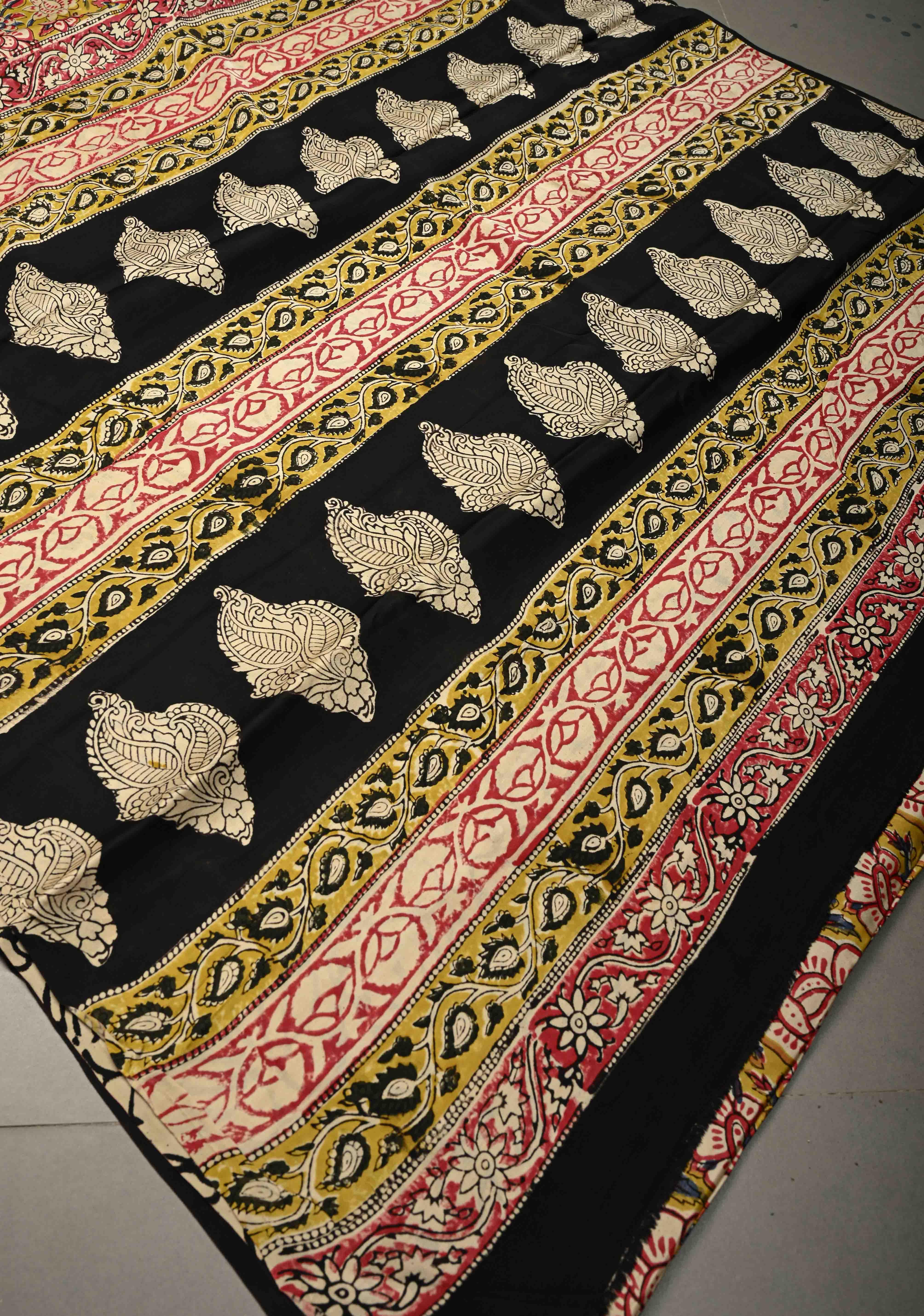 Mustard Yellow Modal Silk Saree with Sanganeri Block Print | Shobitam
