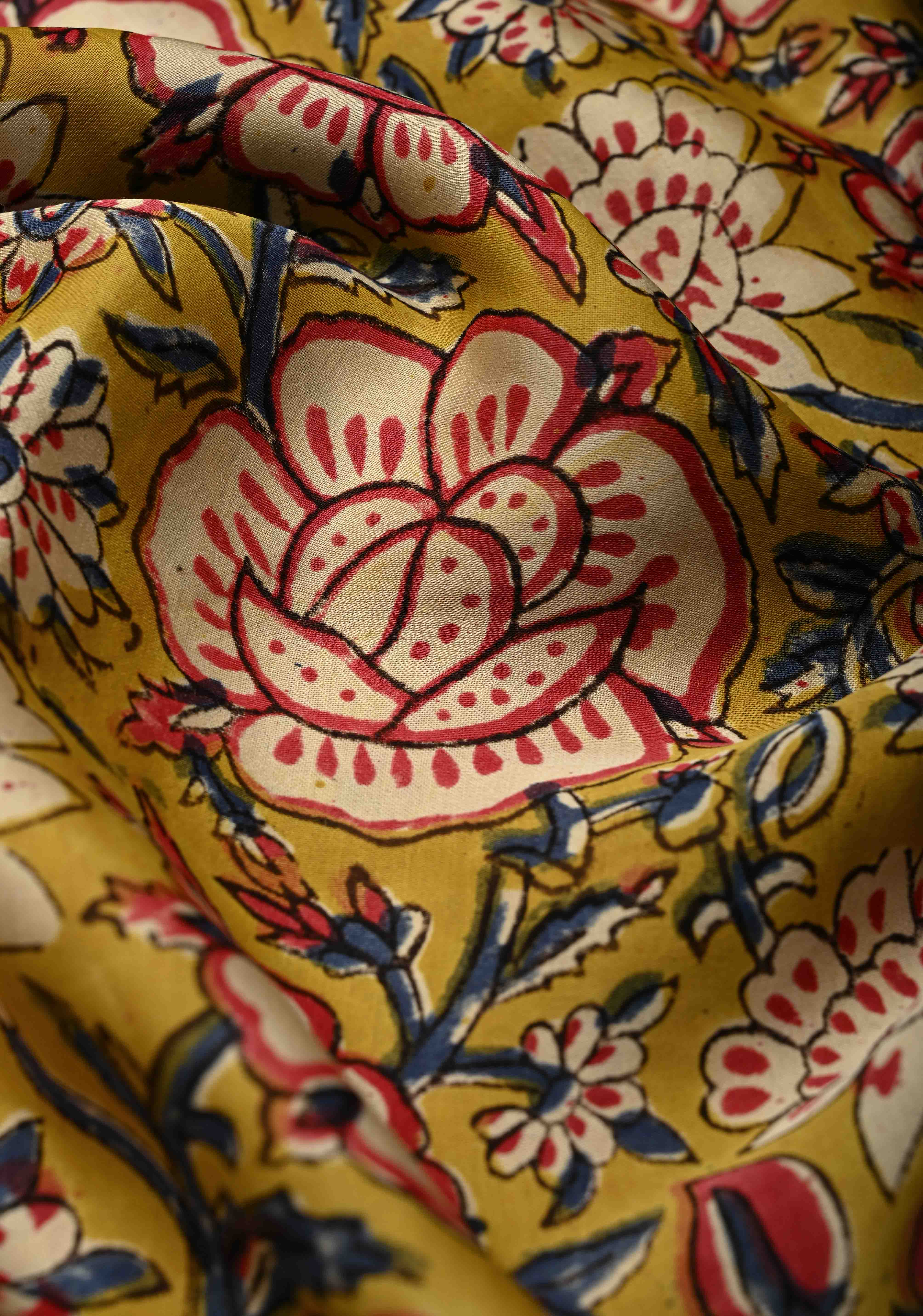 Mustard Yellow Modal Silk Saree with Sanganeri Block Print | Shobitam