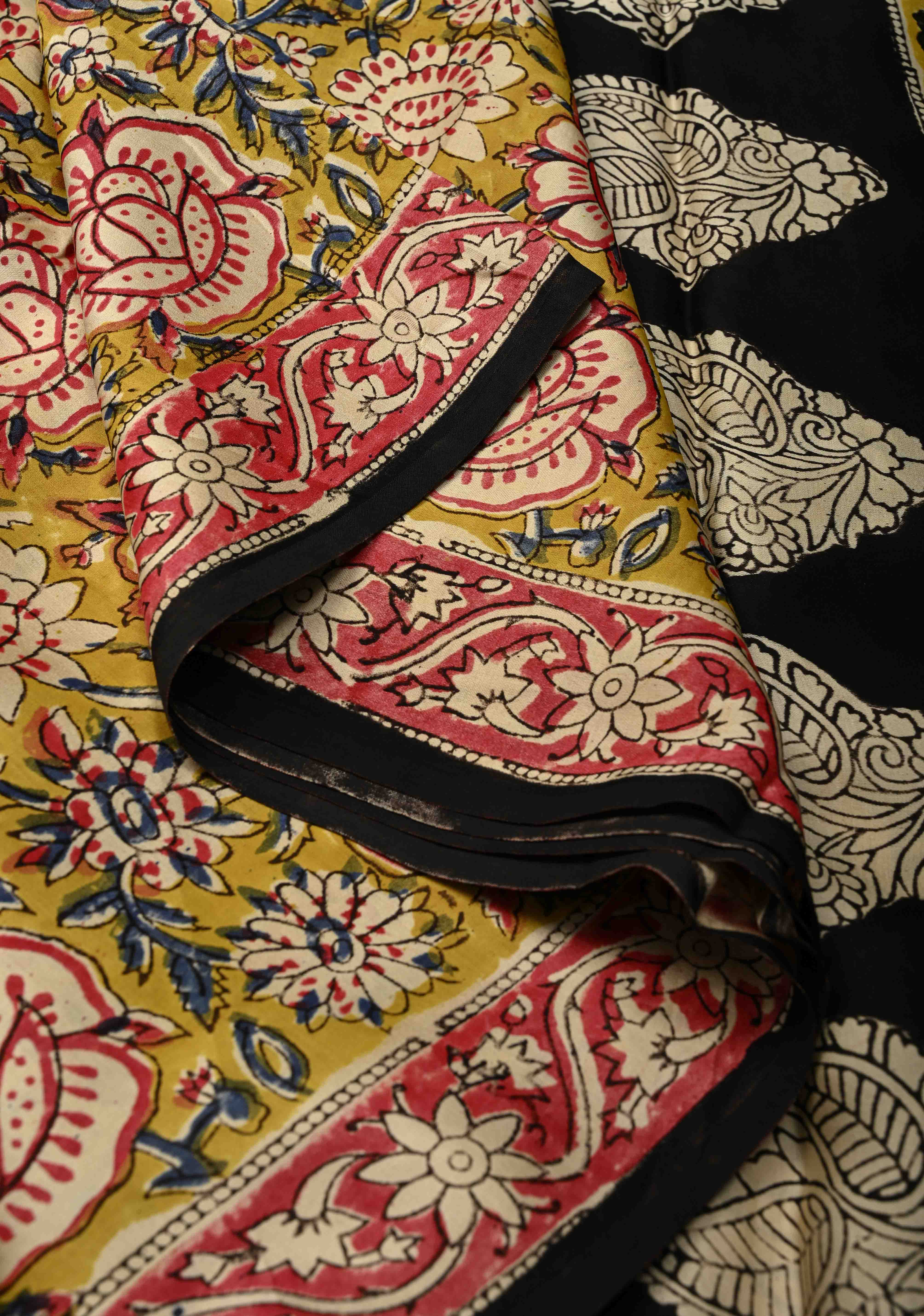 Mustard Yellow Modal Silk Saree with Sanganeri Block Print | Shobitam