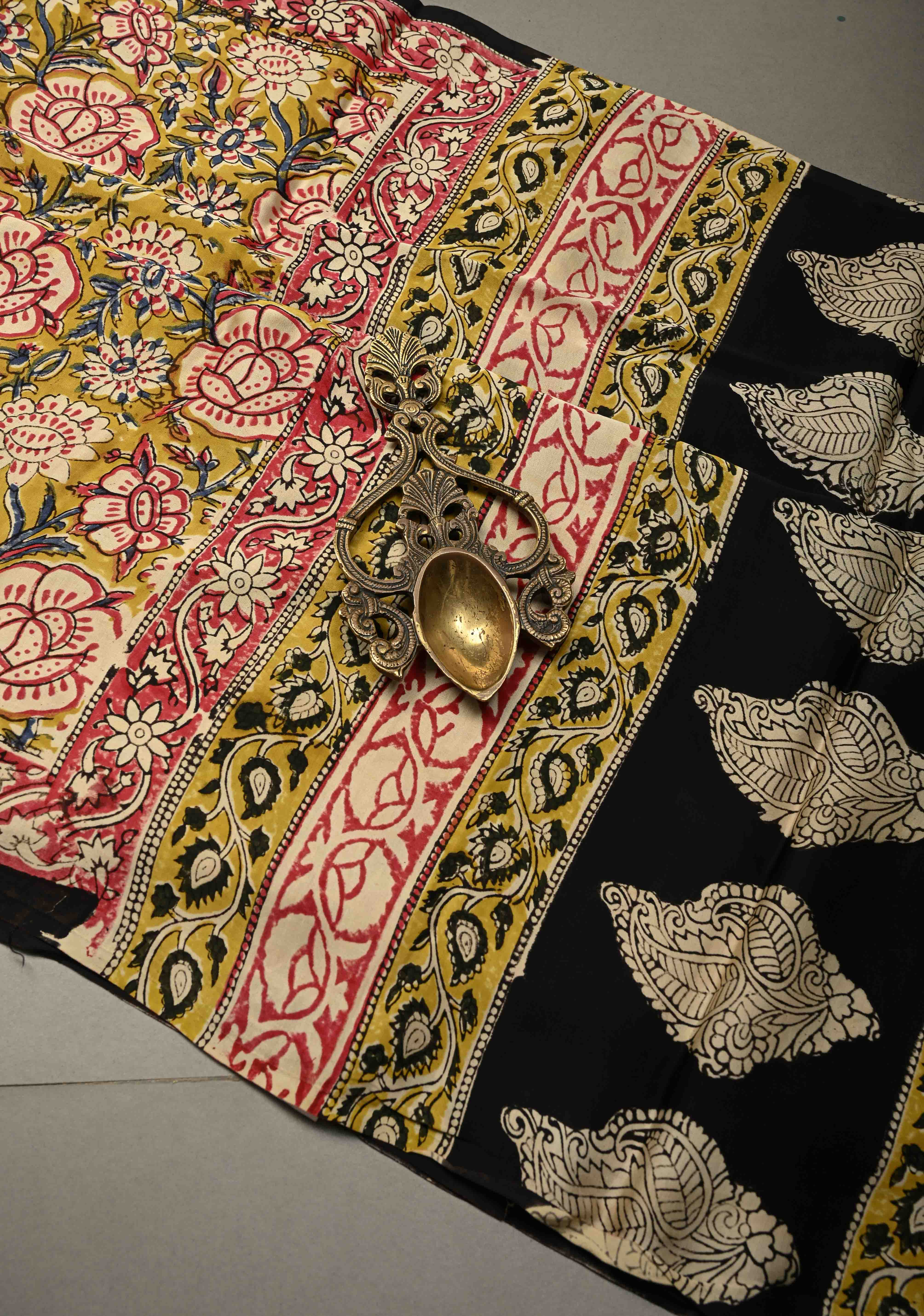 Mustard Yellow Modal Silk Saree with Sanganeri Block Print | Shobitam