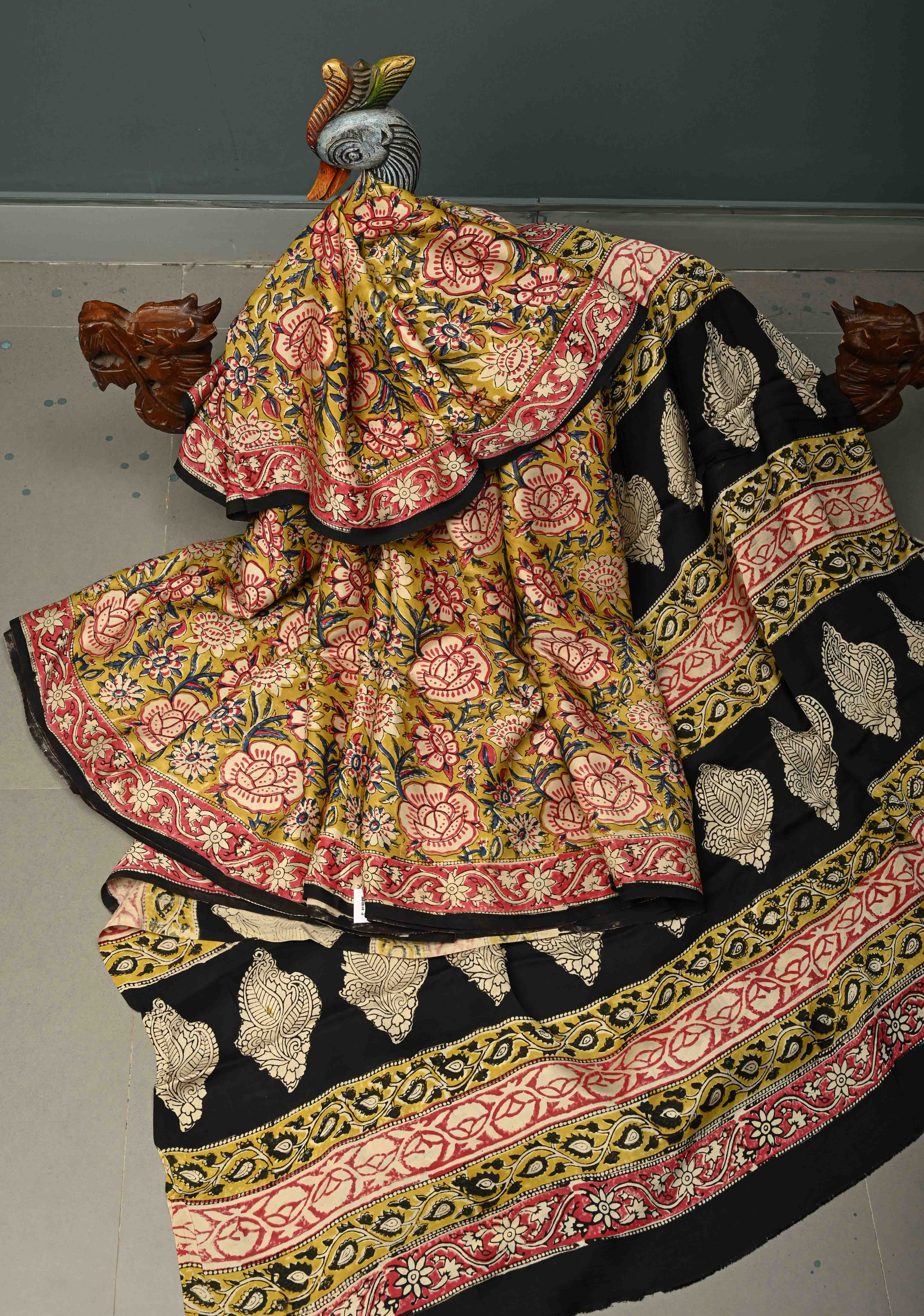 Mustard Yellow Modal Silk Saree with Sanganeri Block Print | Shobitam