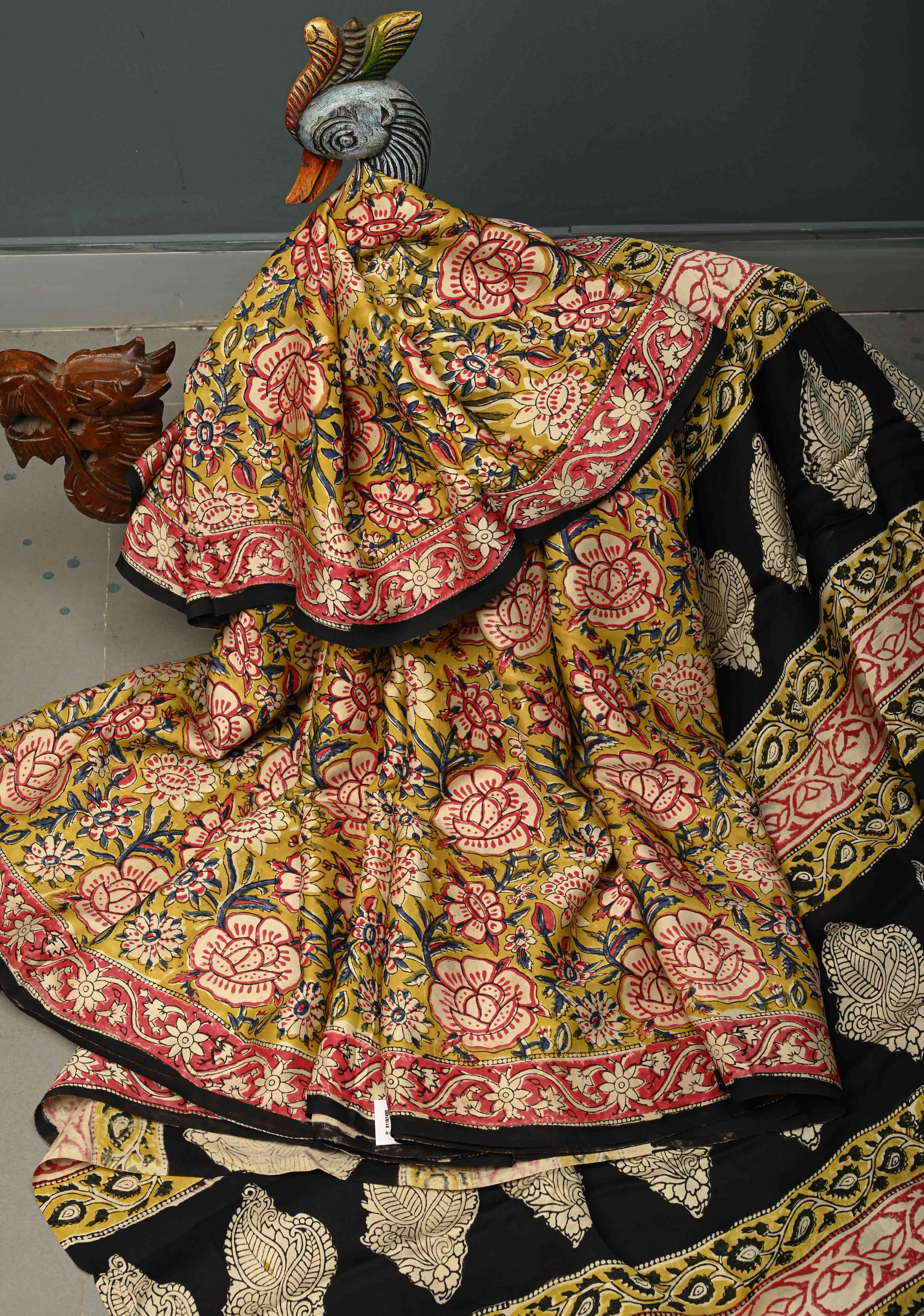 Mustard Yellow Modal Silk Saree with Sanganeri Block Print | Shobitam