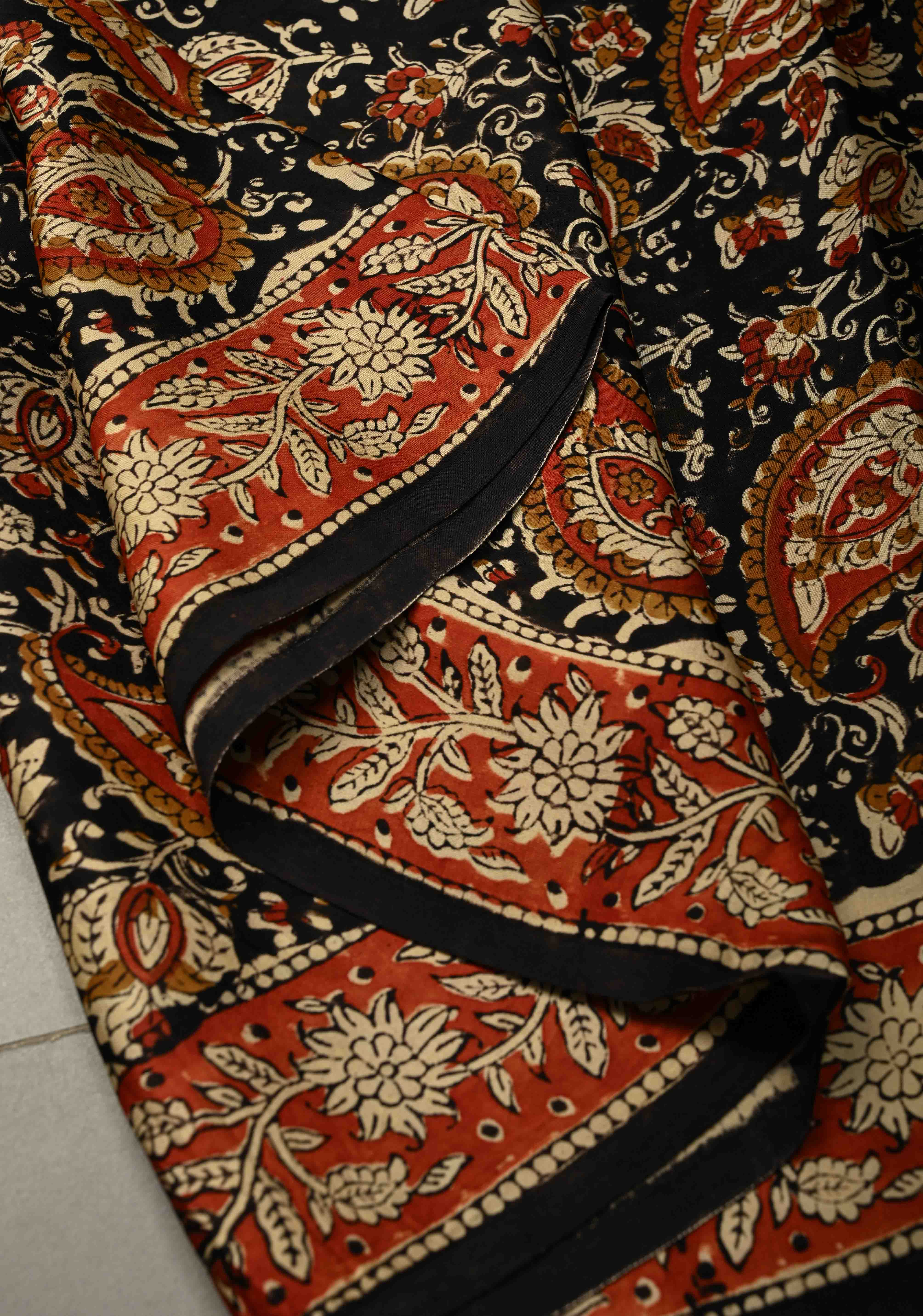 Black Modal Silk Saree with Sanganeri Block Print | Shobitam