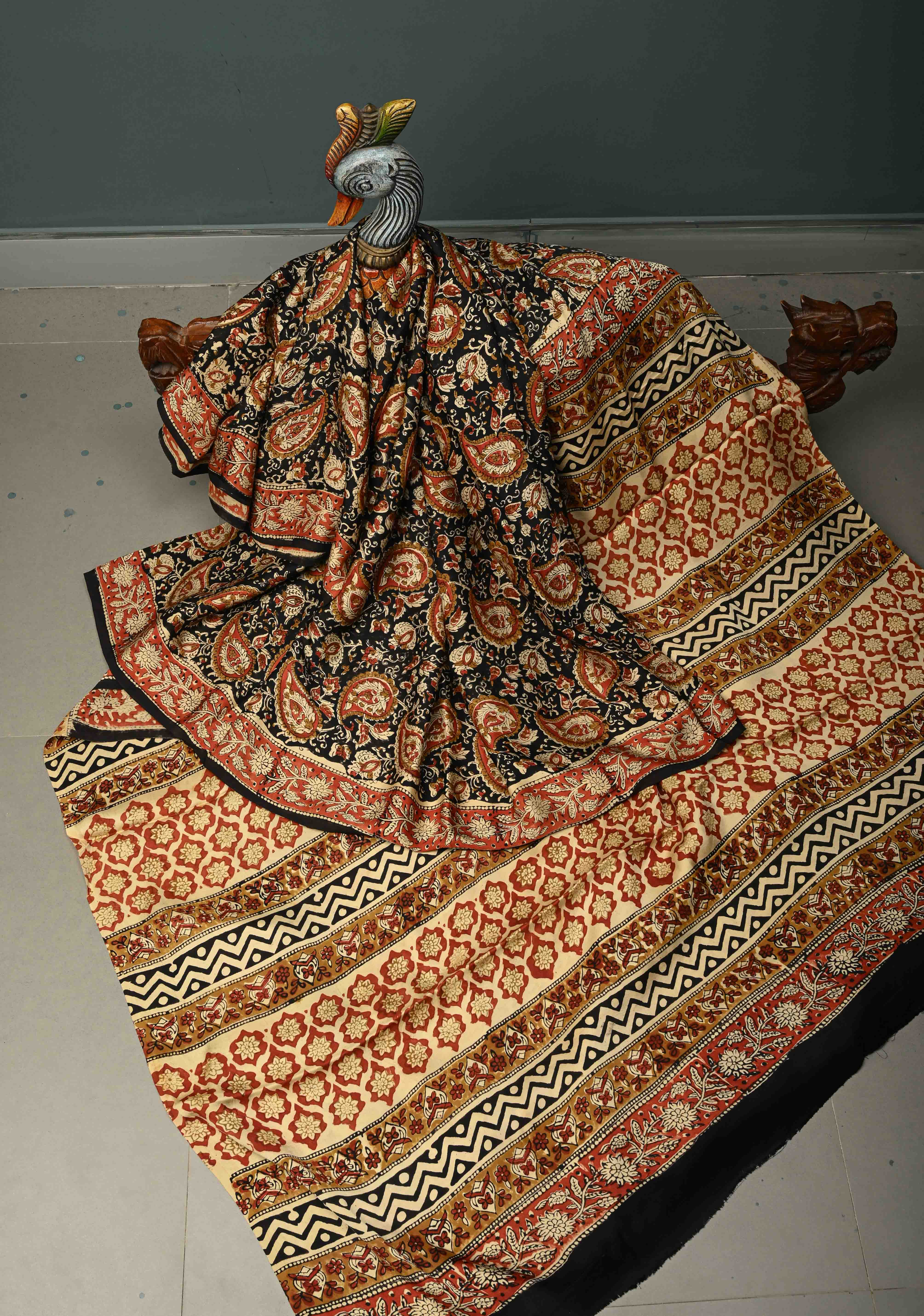 Black Modal Silk Saree with Sanganeri Block Print | Shobitam