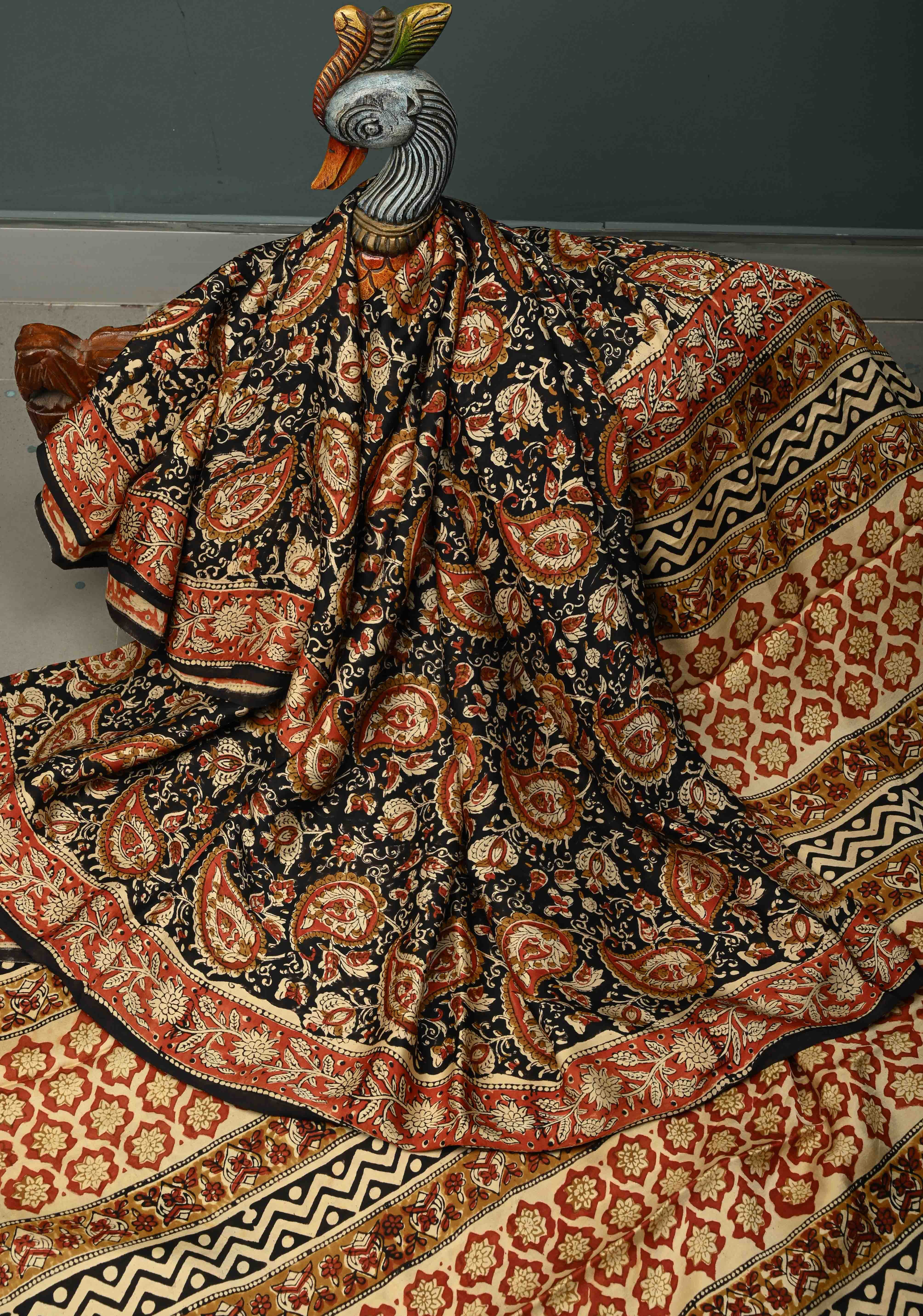 Black Modal Silk Saree with Sanganeri Block Print | Shobitam