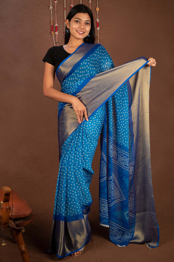 Ready To Wear Gorgeous Chiffon Blue Bandhani Printed  Wrap in 1 minute saree - Isadora Life