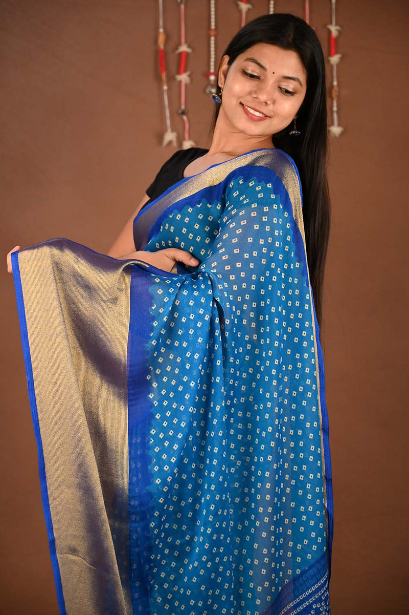 Ready To Wear Gorgeous Chiffon Blue Bandhani Printed  Wrap in 1 minute saree - Isadora Life